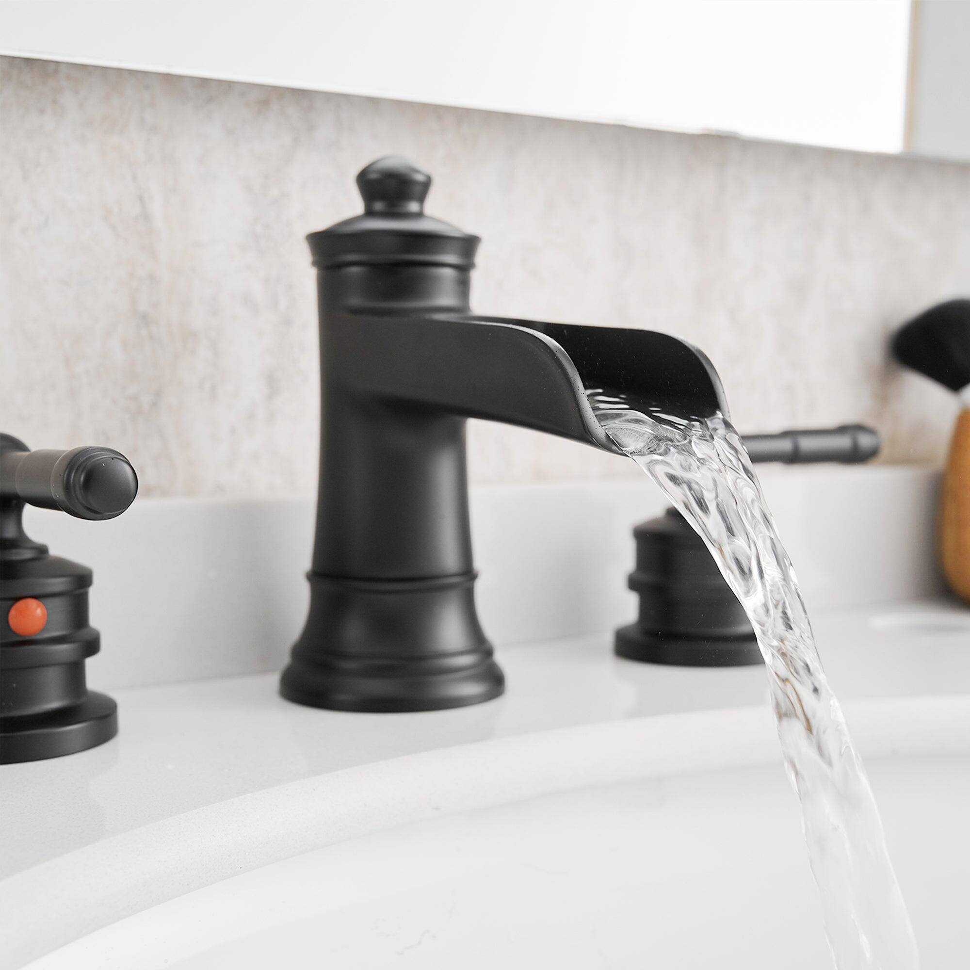 Angle. Boyel Living - Classic 8 Inch Widespread Double Handle Brass Bathroom Faucet with Pop Up Drain and Water Supply Hoses in Matte Black - Matte Black.