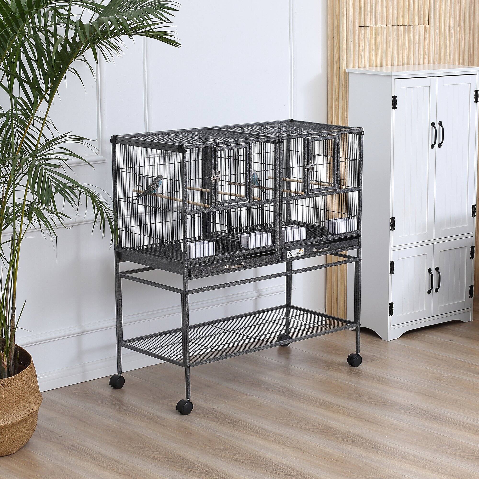 Angle. Pawhut - Divided Breeder Bird Cage with Rolling Stand Removable Metal Tray, Storage Shelf, Wood Perch, and Food Container.