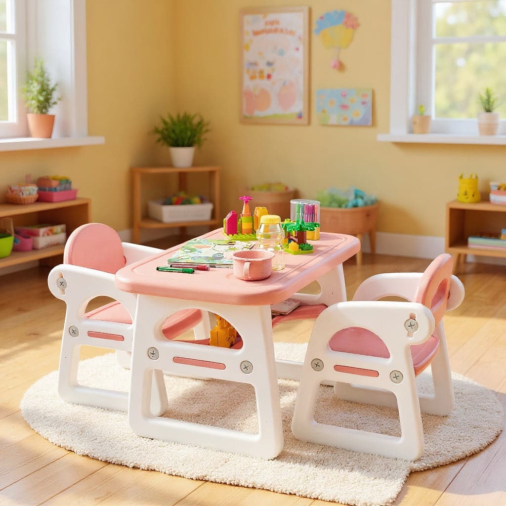 Kadyn - Kids Table and Chair Set with Building Blocks-Pink & Purple, Small Folding Table for Arts & Crafts, Snack Time - White
