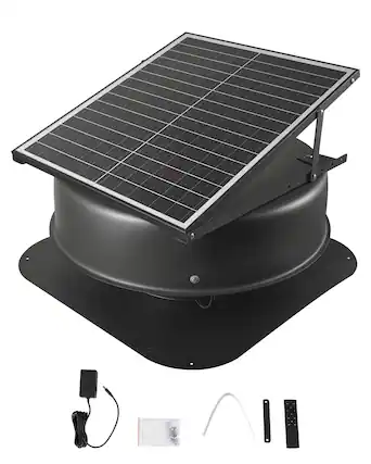 Front. VEVOR - Solar Attic Fan, 42 W, 2800 CFM Large Air Flow Solar Roof Vent Fan, Low Noise and Weatherproof with 110V Smart Adapter - Black.