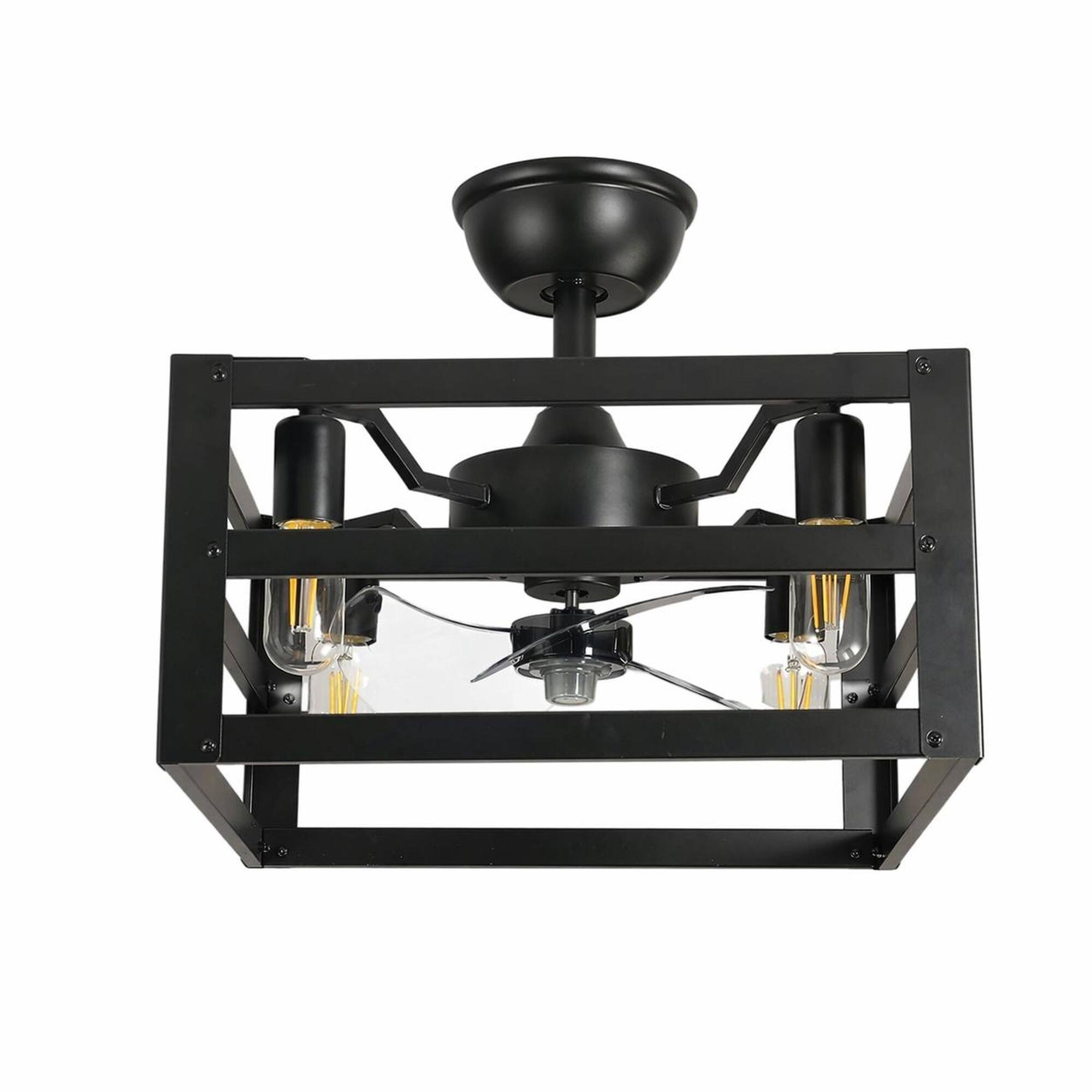 Front. RYHNUYNE - Modern 16-Inch Black Square Metal Frame 4-Light Chandelier with 3 Blades – Industrial Pendant for Living Room.