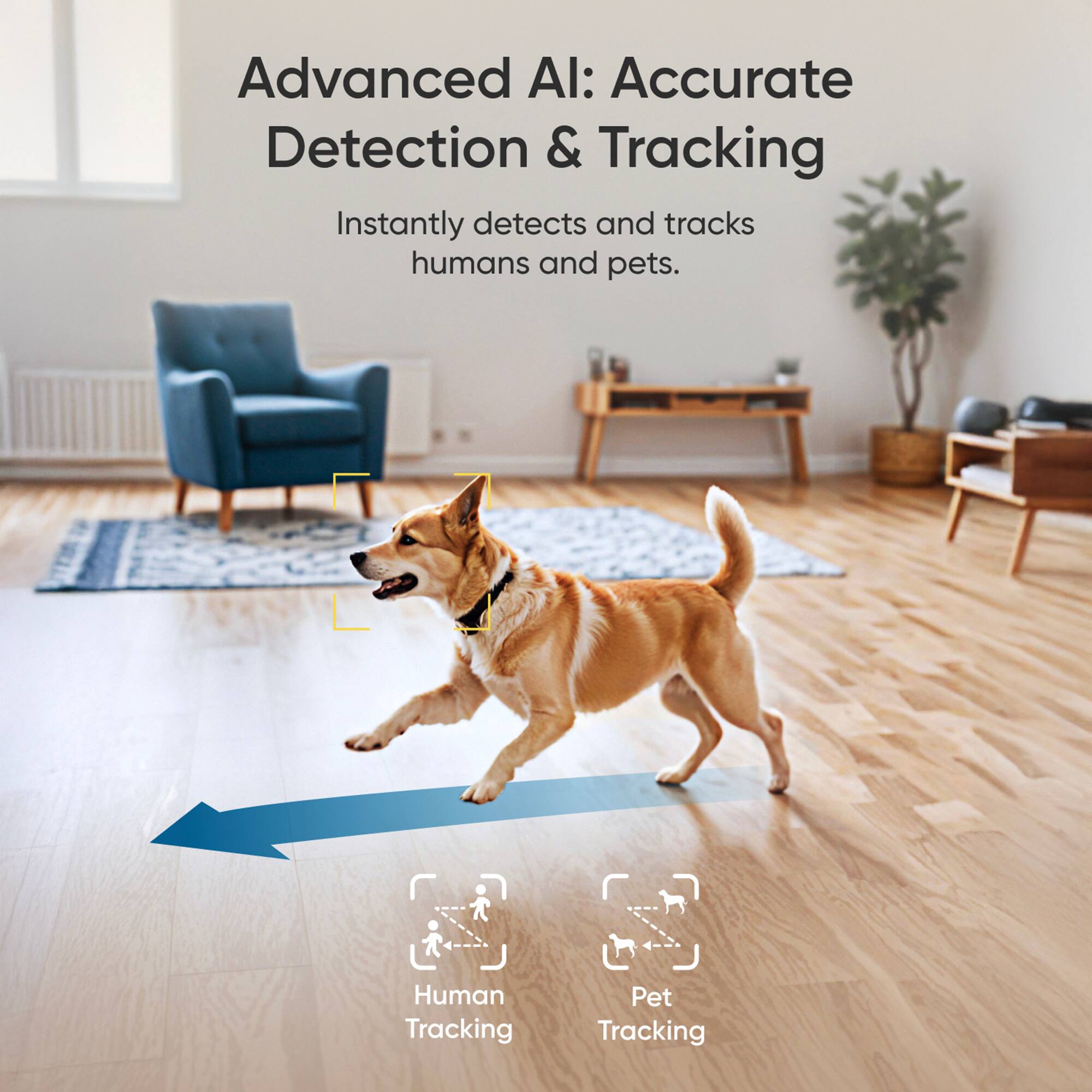 Advanced AI: Accurate Detection & Tracking Instantly detects and tracks humans and pets. Human Tracking Pet Tracking