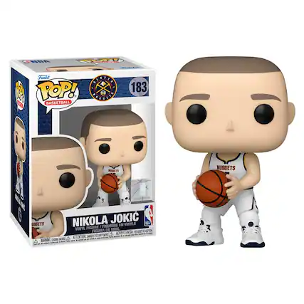 Sure, here is the corrected and grouped text from the image:
---
**Front of the Box:**
- **Top Left Corner:**
- "Funko POP!"
- **Top Center:**
- "183"
- **Top Right Corner:**
- "DENVER NUGGETS"
- **Center:**
- "NIKOLA JOKIC"
- **Bottom Center:**
- "VINYL FIGURE / FIGURINE EN VINYLE / FIGURA DE VINIL"
- **Bottom Left Corner:**
- "BASKETBALL"
- **Bottom Right Corner:**
- "NBA"
- **Bottom Center (Warning Labels):**
- "WARNING: CHOKING HAZARD - Small parts. Not for children under 3 years."
- "ATTENTION: PELIGRO DE ASFIXIA - Piezas pequeñas. No es para niños menores de 3 años."
- "ADVERTENCIA: PELIGRO DE ASFIXIA - Piezas pequeñas. No es para niños menores de 3 años."
---
**Side of the Box:**
- "NUGGETS"
---
**Back of the Box:**
-