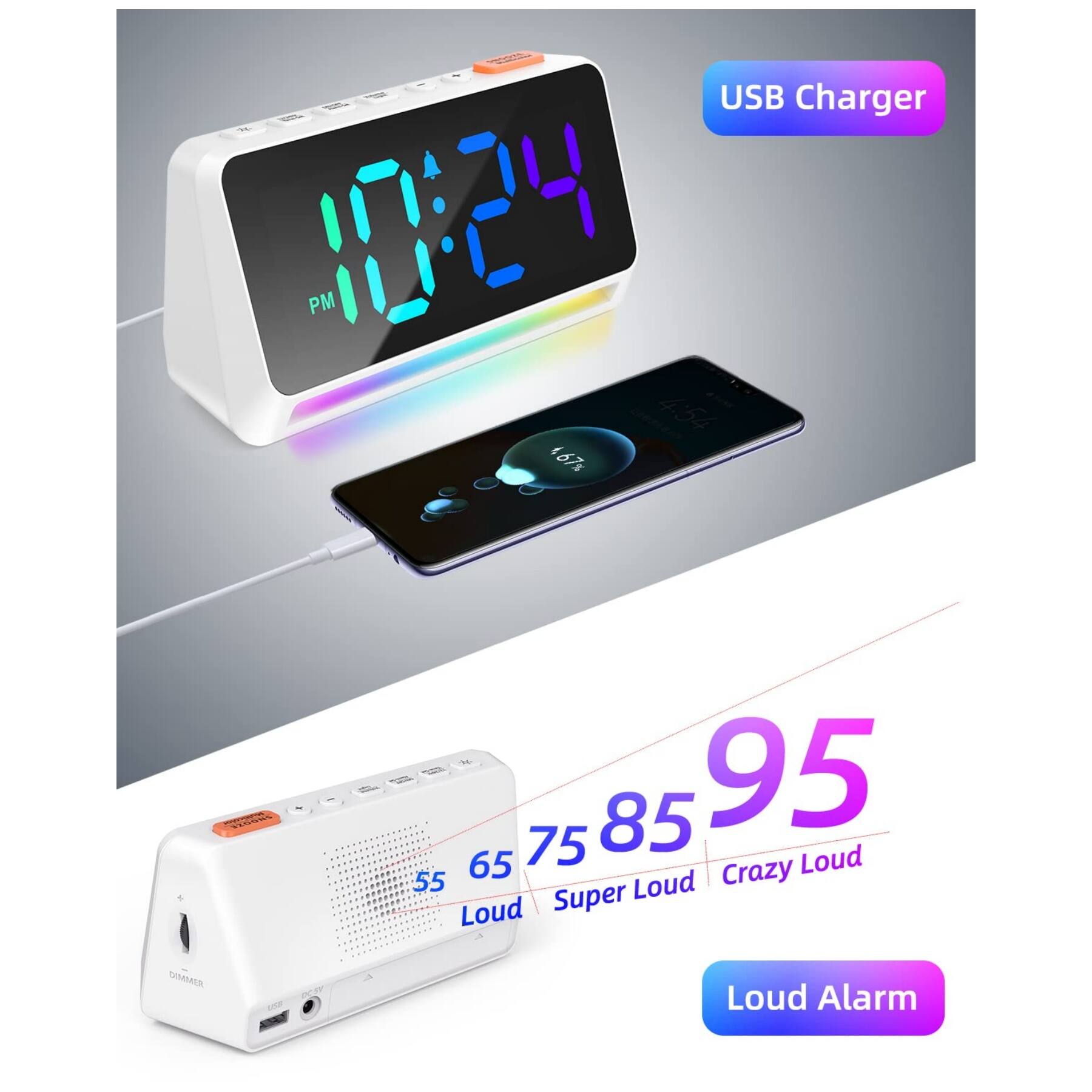 USB Charger  
10:24 PM  
4.54  
167%  

add  
95  
85  
75  
65  
55  

Crazy Loud  
Super Loud  
Loud  
Loud  
Loud  

Loud Alarm