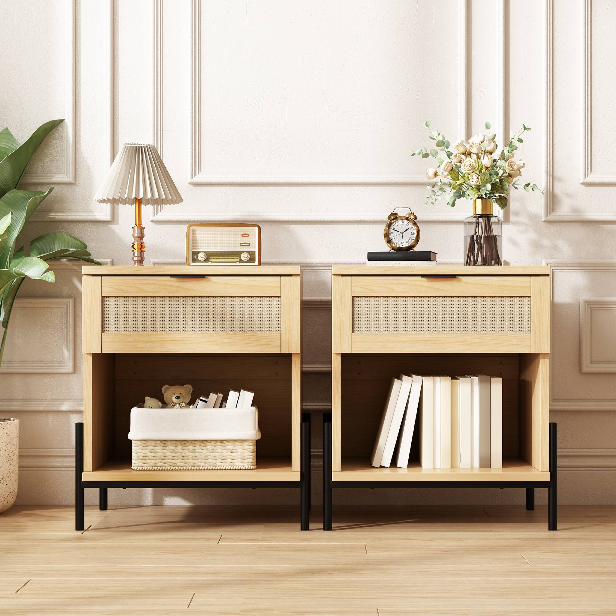 Angle. U-HOMY - Boho Rattan Nightstand Set of 2, 19.7" Wide Bedside Tables with Drawer and Shelf for Bedroom or Living Room - Wood Color.