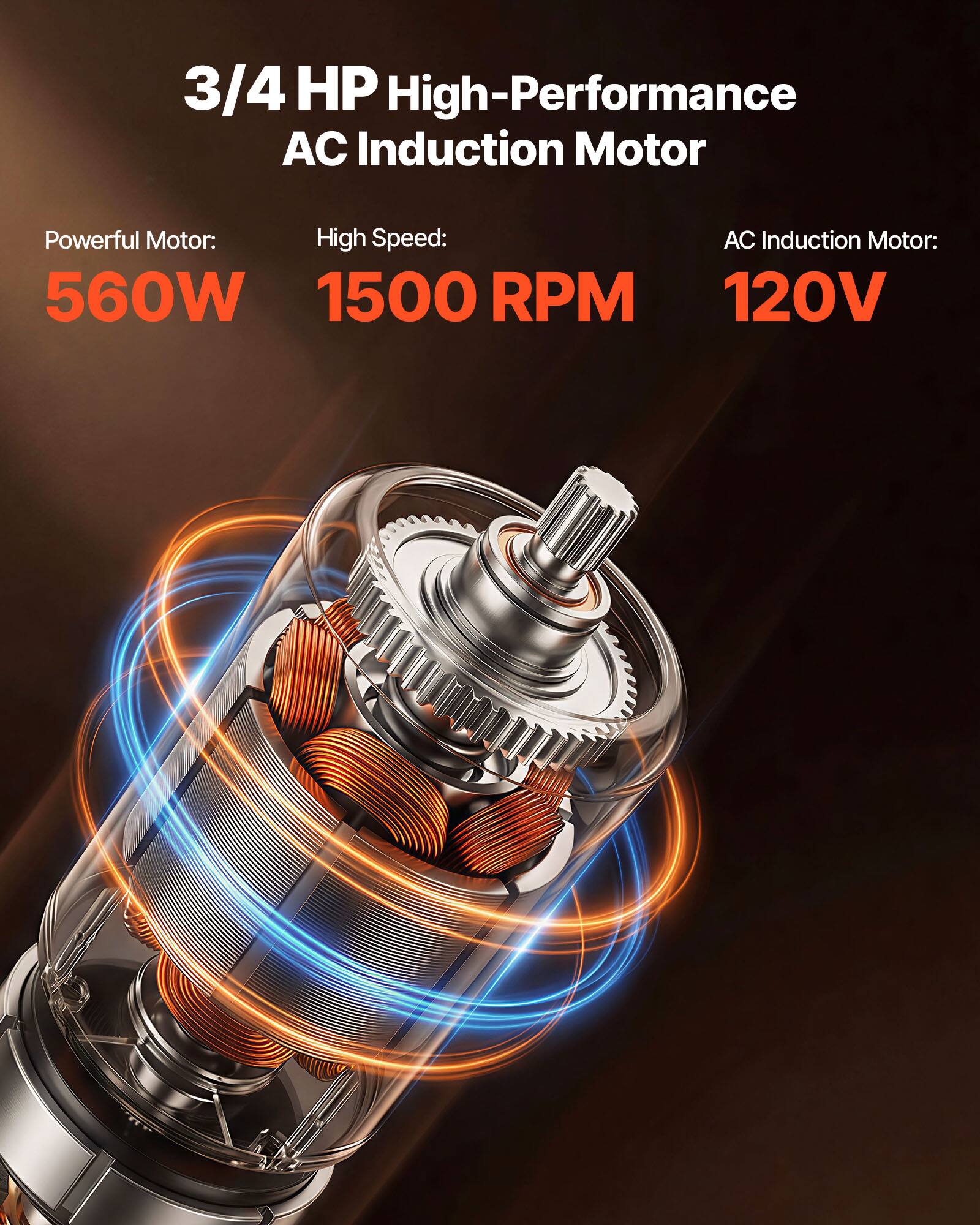 3/4 HP High-Performance AC Induction Motor

Powerful Motor: 560W

High Speed: 1500 RPM

AC Induction Motor: 120V