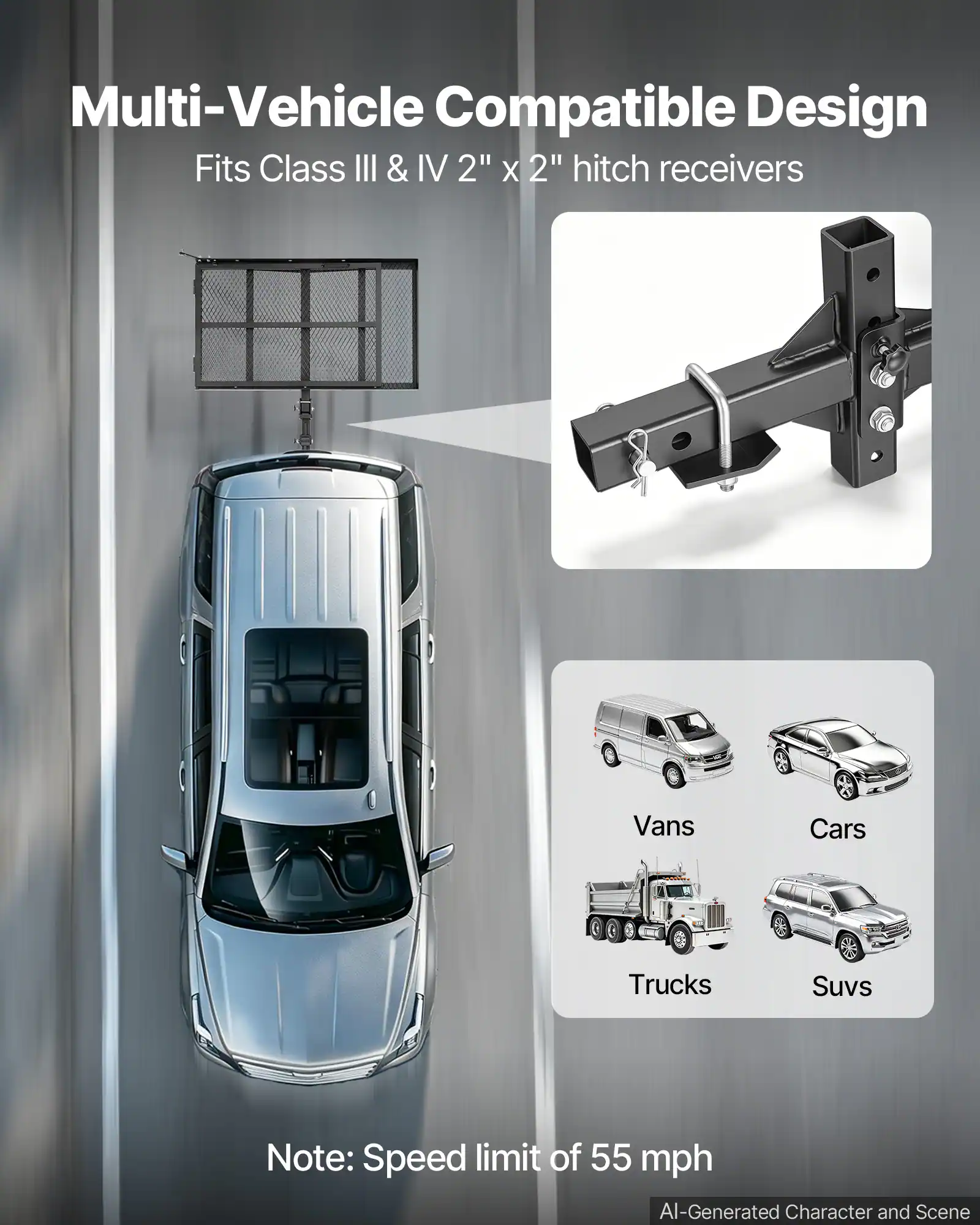 Multi-Vehicle Compatible Design  
Fits Class III & IV 2" x 2" hitch receivers  

Vans  
Cars  
Trucks  
SUVs  

Note: Speed limit of 55 mph  

AI-Generated Character and Scene