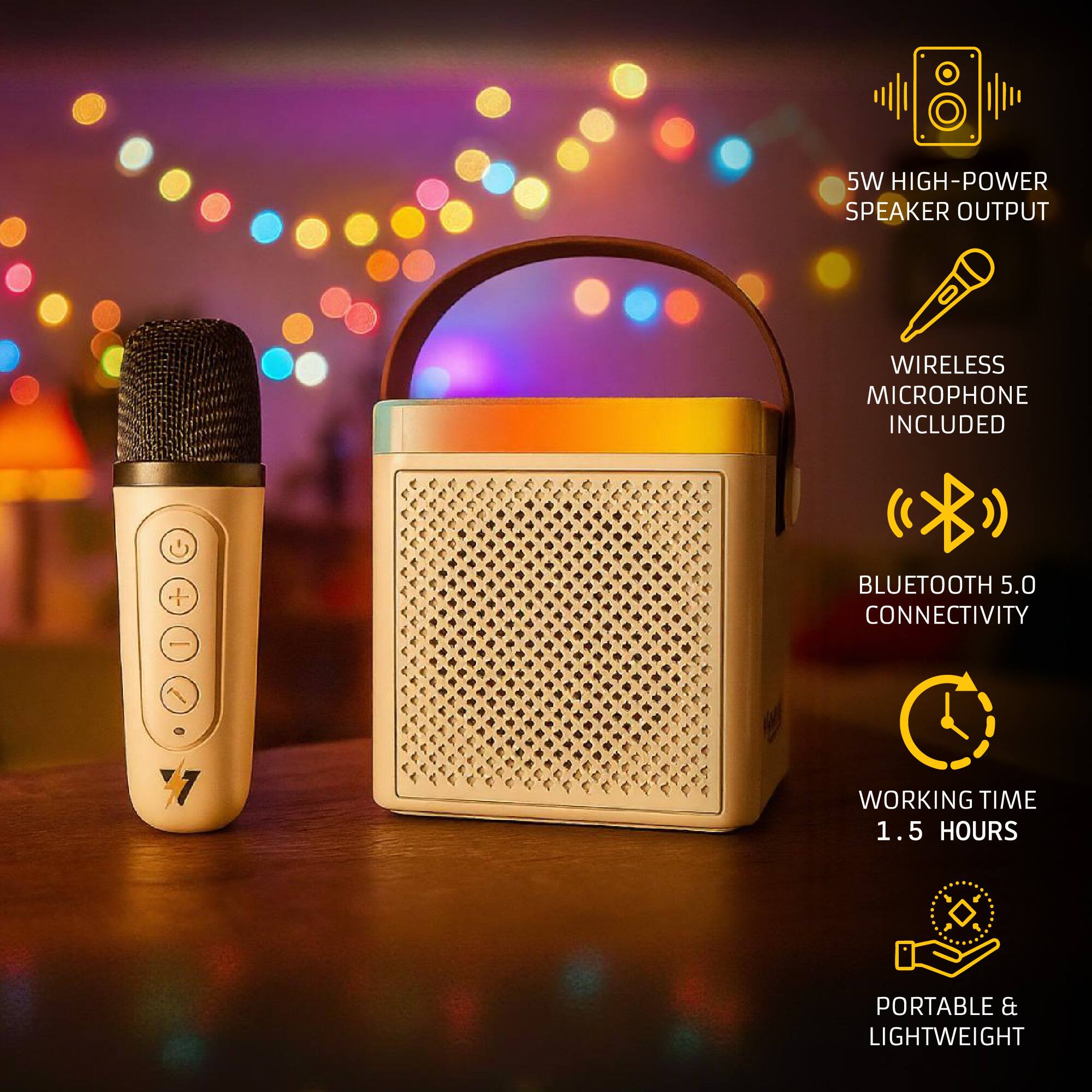 5W High-Power Speaker Output  
Wireless Microphone Included  
Bluetooth 5.0 Connectivity  
Working Time: 1.5 Hours  
Portable & Lightweight
