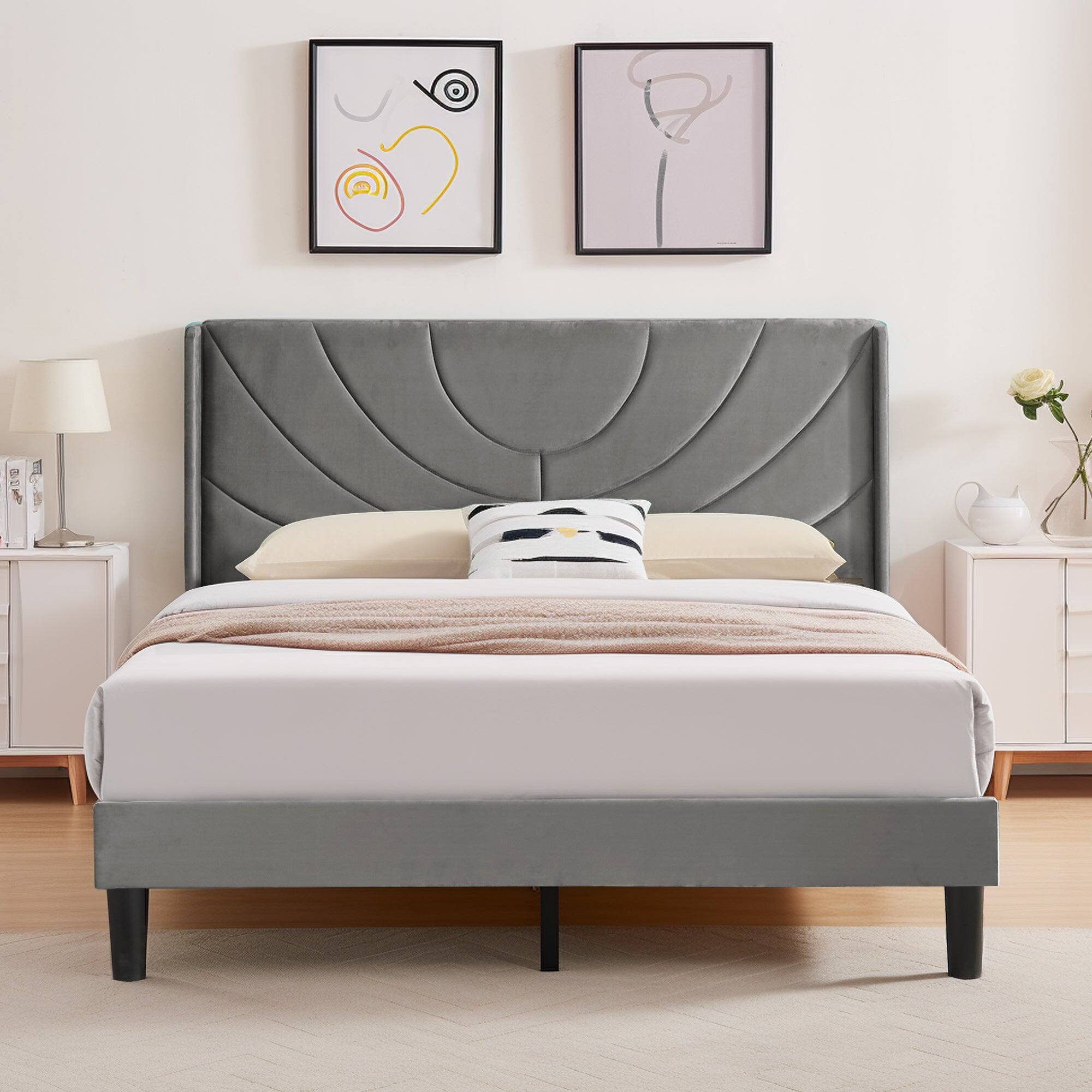 Front. Vecelo - Upholstered Platform Queen Bed Frame with Fabric Headboard,Wooden Slats Support/No Box Spring Needed/Mattress Foundation - Dark Grey.