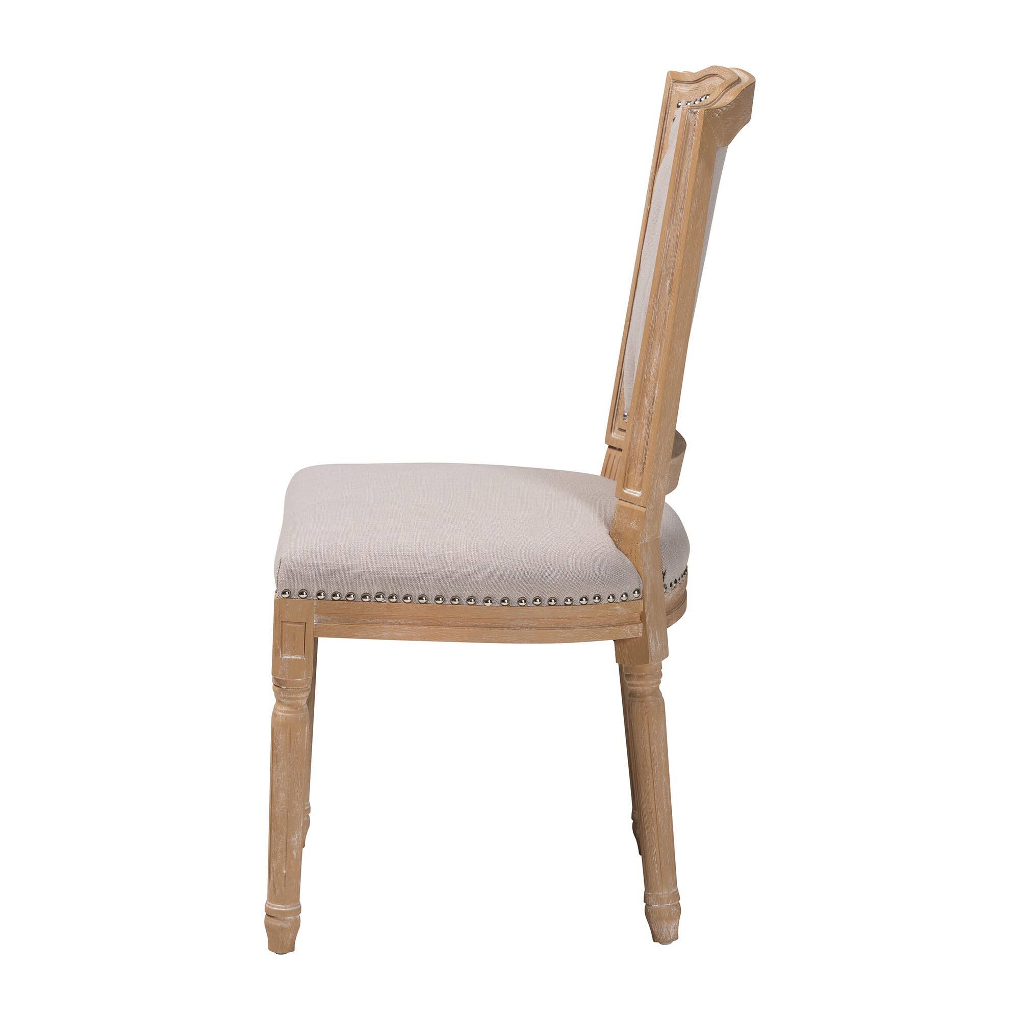 Left. Baxton Studio - Estelle French Country Cottage Weathered Oak Fabric Button-tufted Upholstered Dining Chair - Beige.