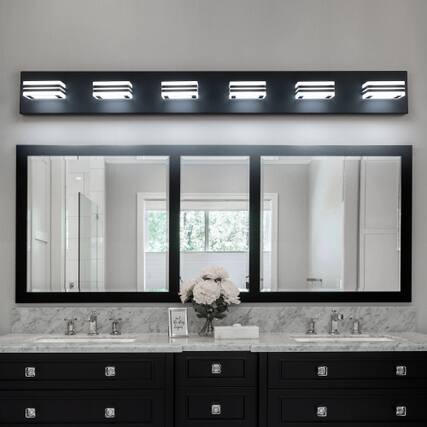 Front. LUCKY ONE - 39in Wall Mount LED Vanity Light, 6-Light Black Fixture with Square Acrylic Shades for Bathroom - Black.