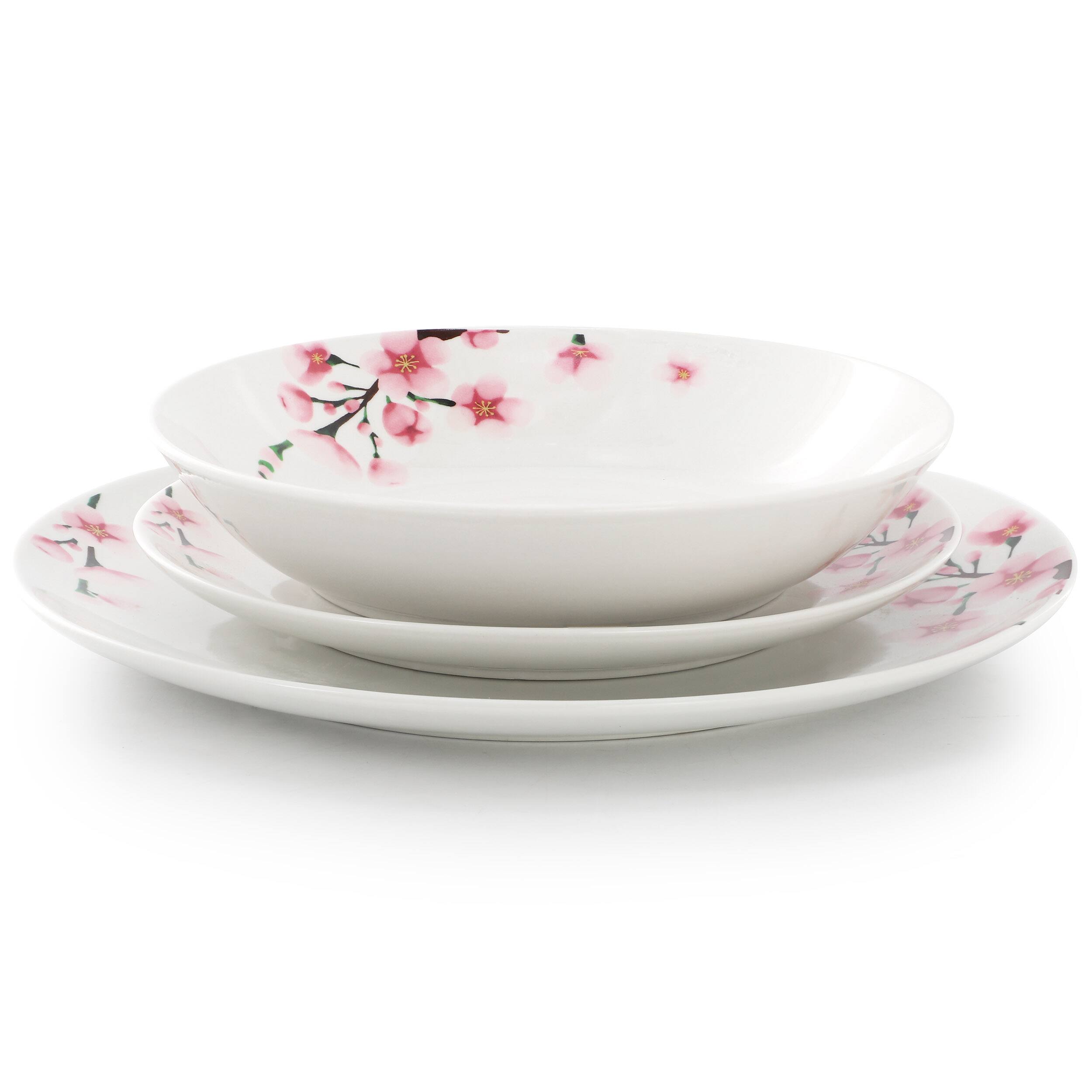 Angle. Elama - Elama Tamara 18 Piece Cherry Blossom Porcelain Dinnerware Set, Service for 6 in White and Pink - White and Pink.