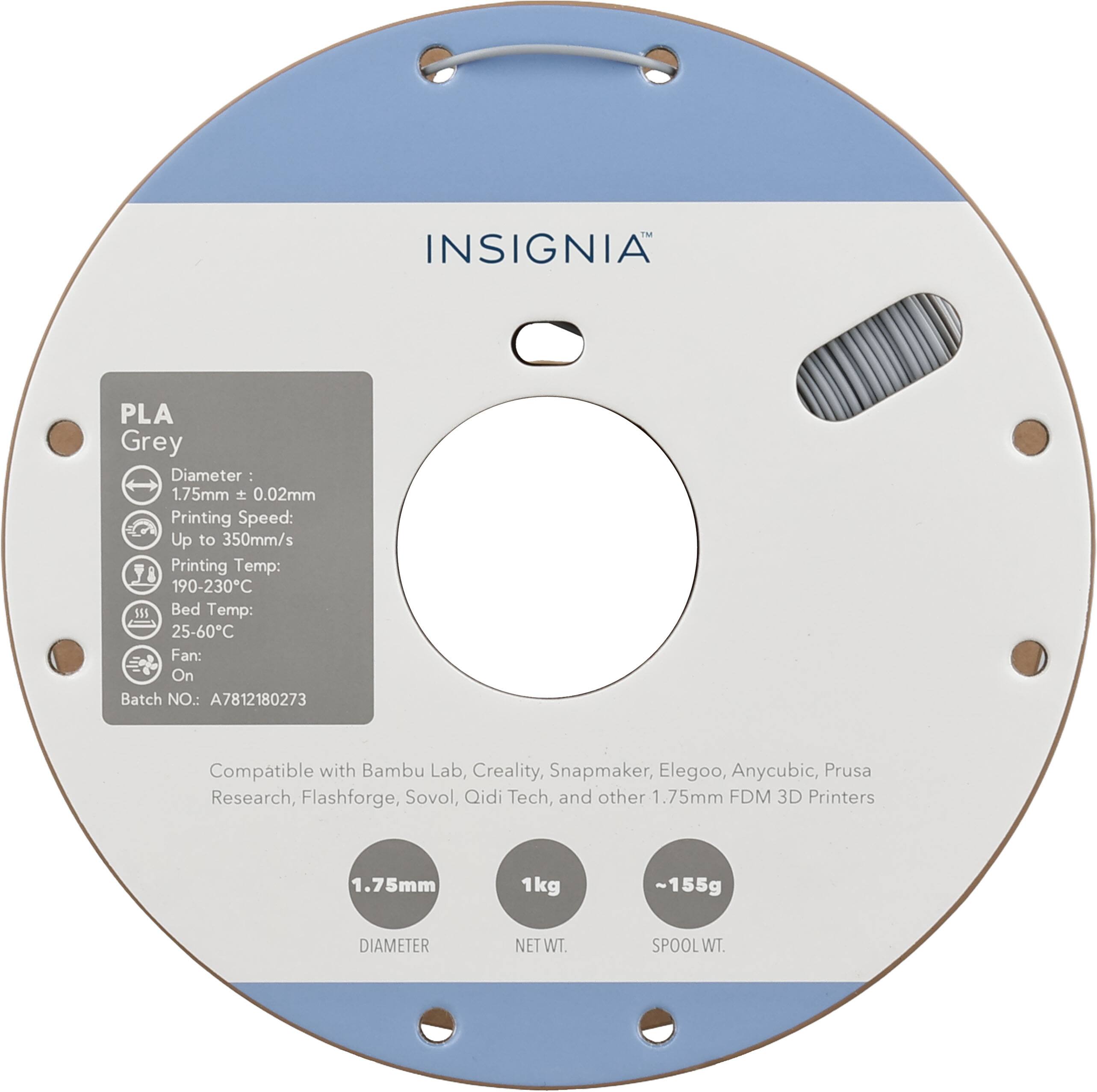 F. INSIGNIA PLA Grey  
Diameter: 1.75mm ± 0.02mm  
Printing Speed: Up to 350mm/s  
Printing Temp: 190-230°C  
Bed Temp: 25-60°C  
Fan: On  
Batch NO.: A7812180273  

Compatible with Bambu Lab, Creality, Snapmaker, Elegoo, Anycubic, Prusa Research, Flashforge, Sovol, Qidi Tech, and other 1.75mm FDM 3D Printers  

1.75mm  
1kg NET WT.  
~155g SPOOL WT.
