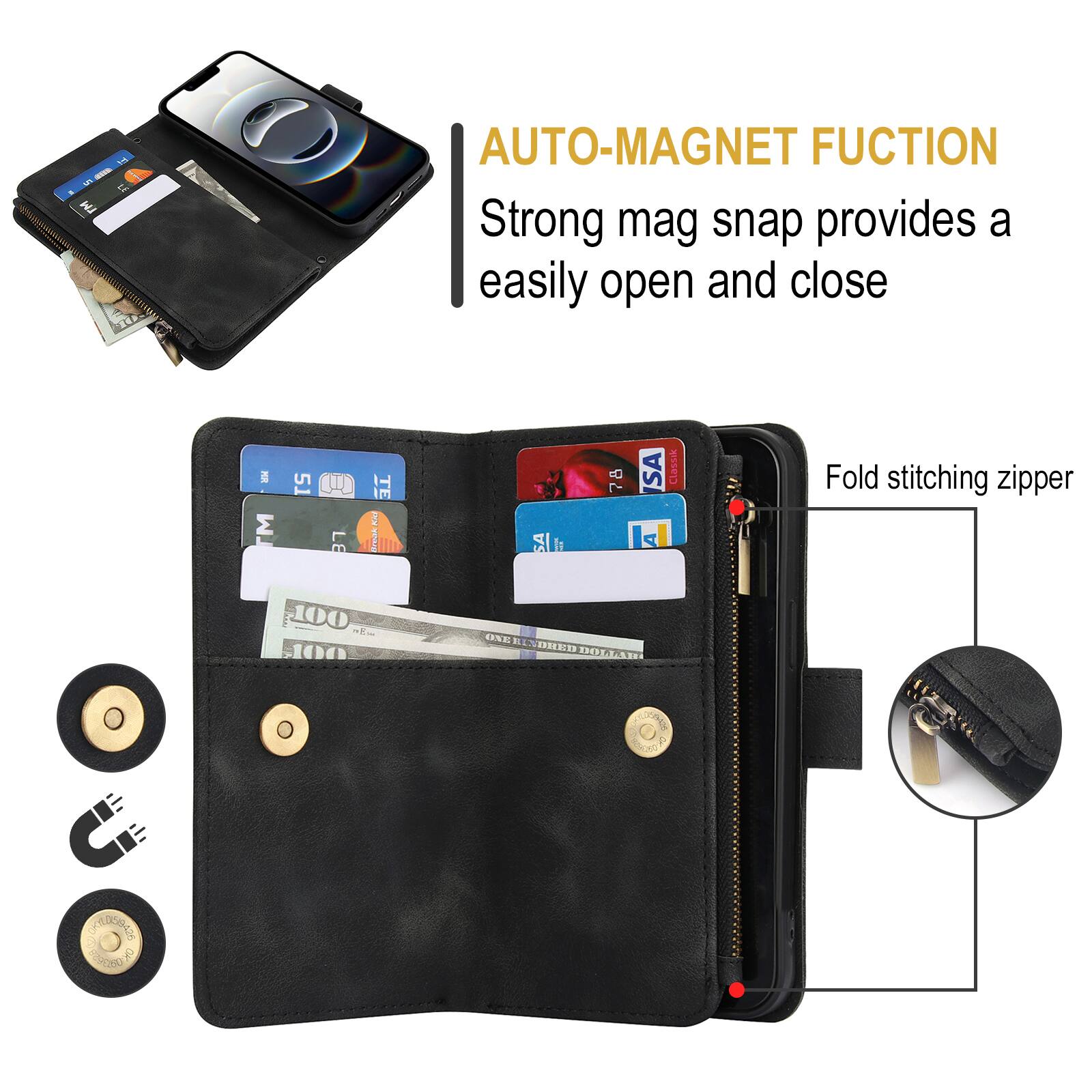 AUTO-MAGNET FUNCTION  
Strong mag snap provides a easily open and close  
Fold stitching zipper