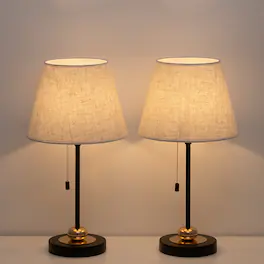 Oumilen - Set of 2 Modern Table Lamps – Linen Shade with Pull Chain, Black & Gold Accent for Bedroom, Living Room