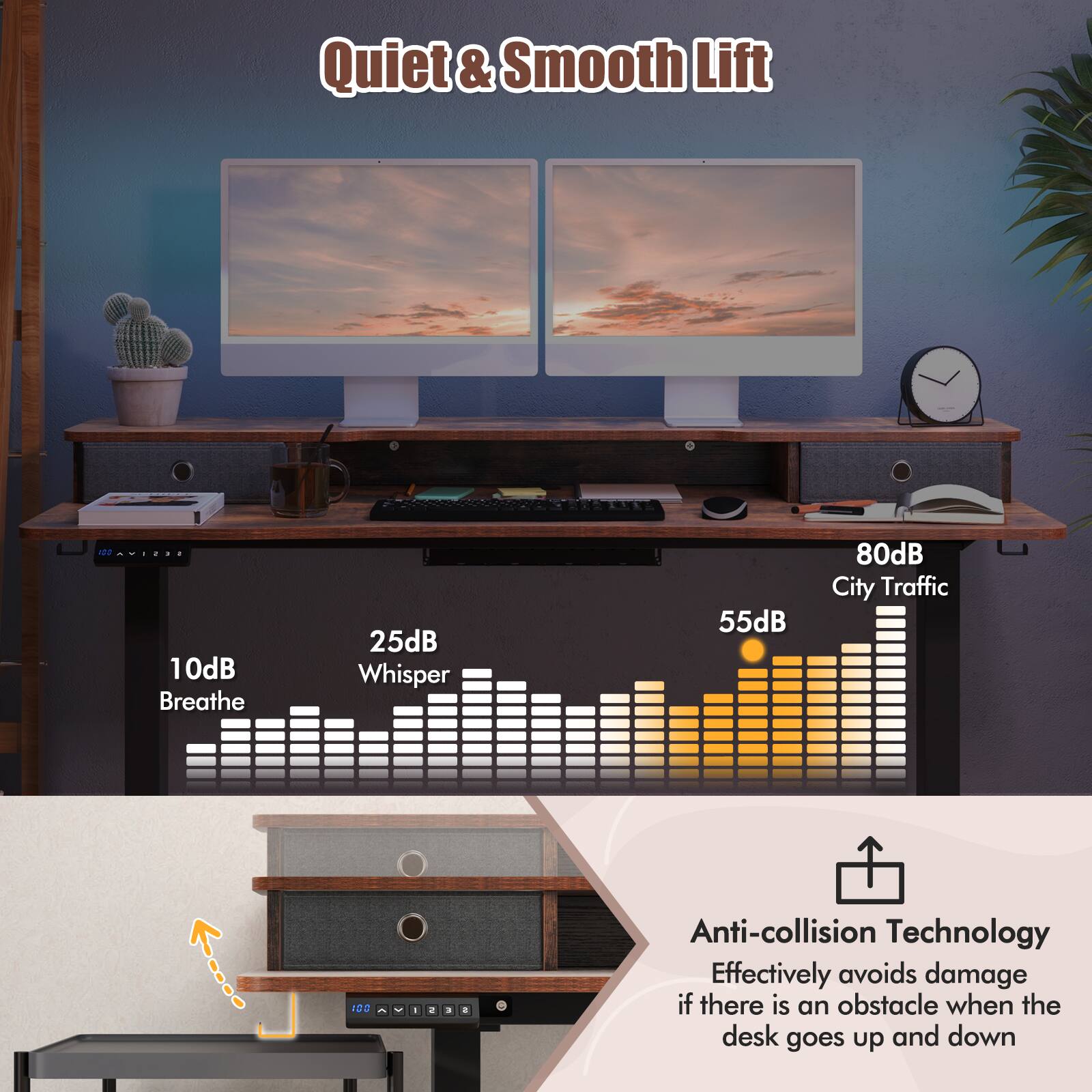 Quiet & Smooth Lift

10dB Breathe  
25dB Whisper  
55dB  
80dB City Traffic

Anti-collision Technology  
Effectively avoids damage if there is an obstacle when the desk goes up and down