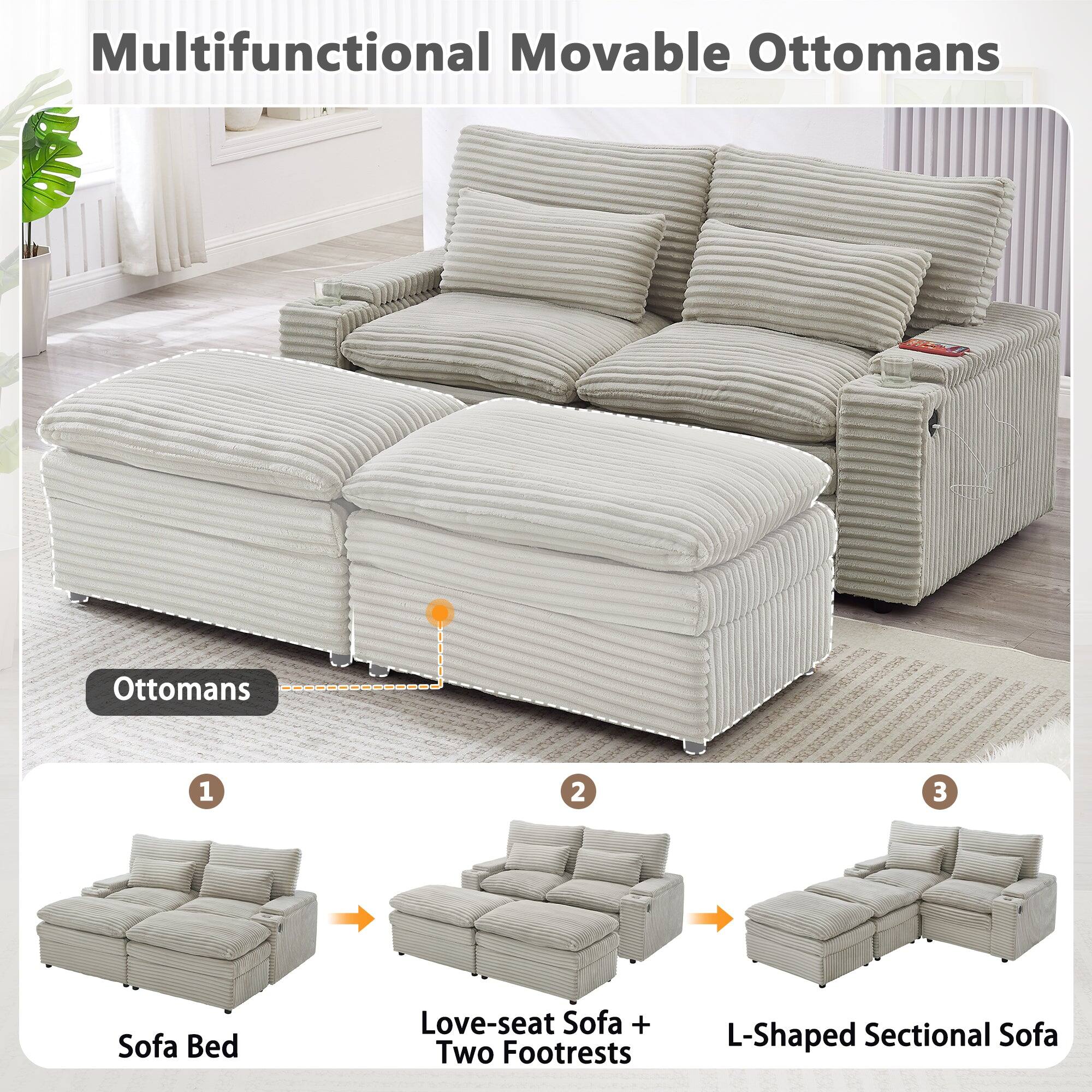 Multifunctional Movable Ottomans

1. Sofa Bed
2. Love-seat Sofa + Two Footrests
3. L-Shaped Sectional Sofa

Ottomans