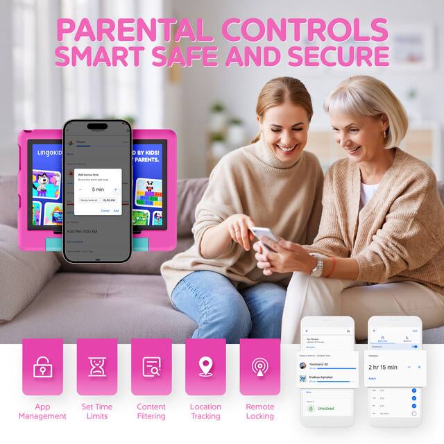 PARENTAL CONTROLS SMART SAFE AND SECURE

Lingokid
BY KIDS! FOR PARENTS.

Add time limit
5 min
10:06 AM
9:30 PM - 7:00 AM

App Management
Set Time Limits
Content Filtering
Location Tracking
Remote Locking

2 hr 15 min
Indes Alphabet
You
in
App