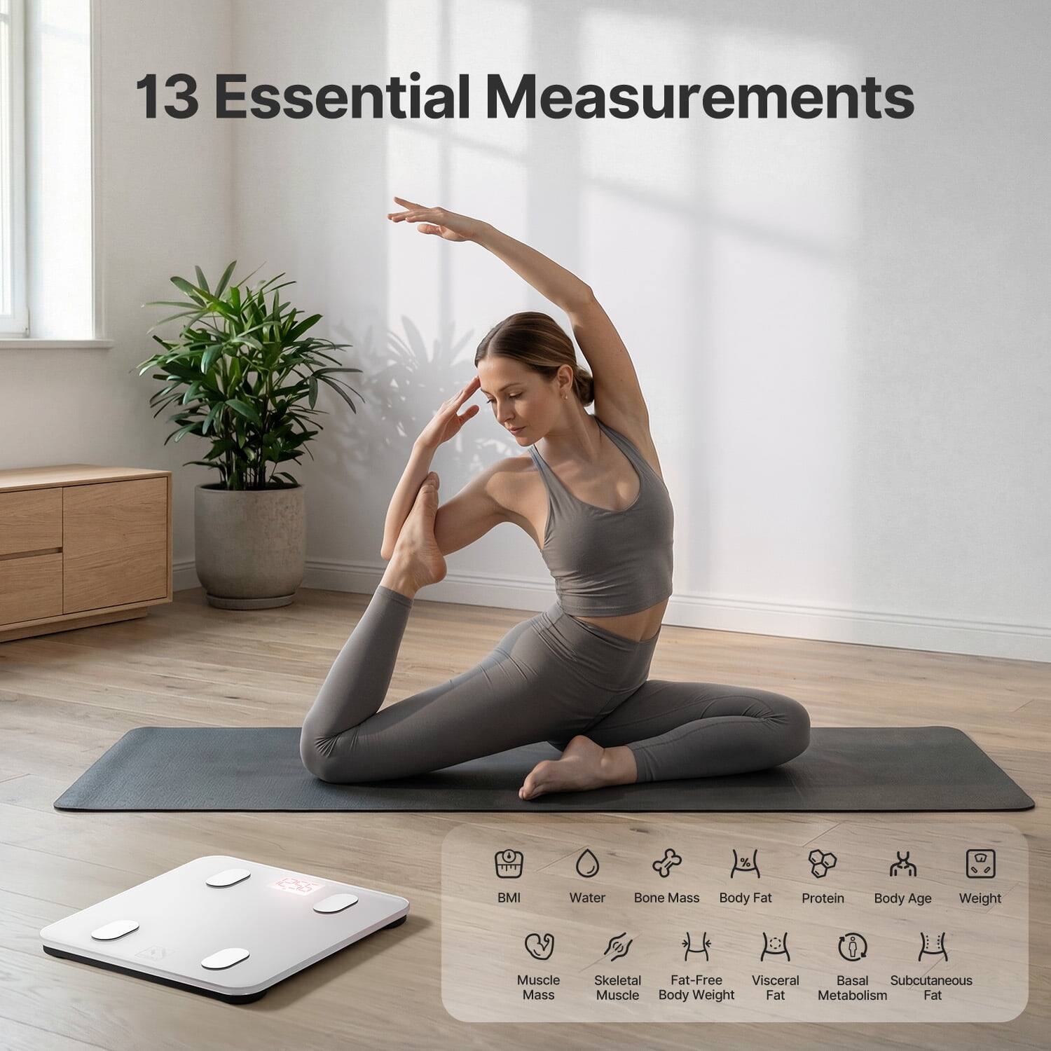 13 Essential Measurements

BMI
Water
Bone Mass
Body Fat
Protein
Body Age
Weight
Muscle Mass
Skeletal Muscle
Fat-Free Body Weight
Visceral Fat
Basal Metabolism
Subcutaneous Fat