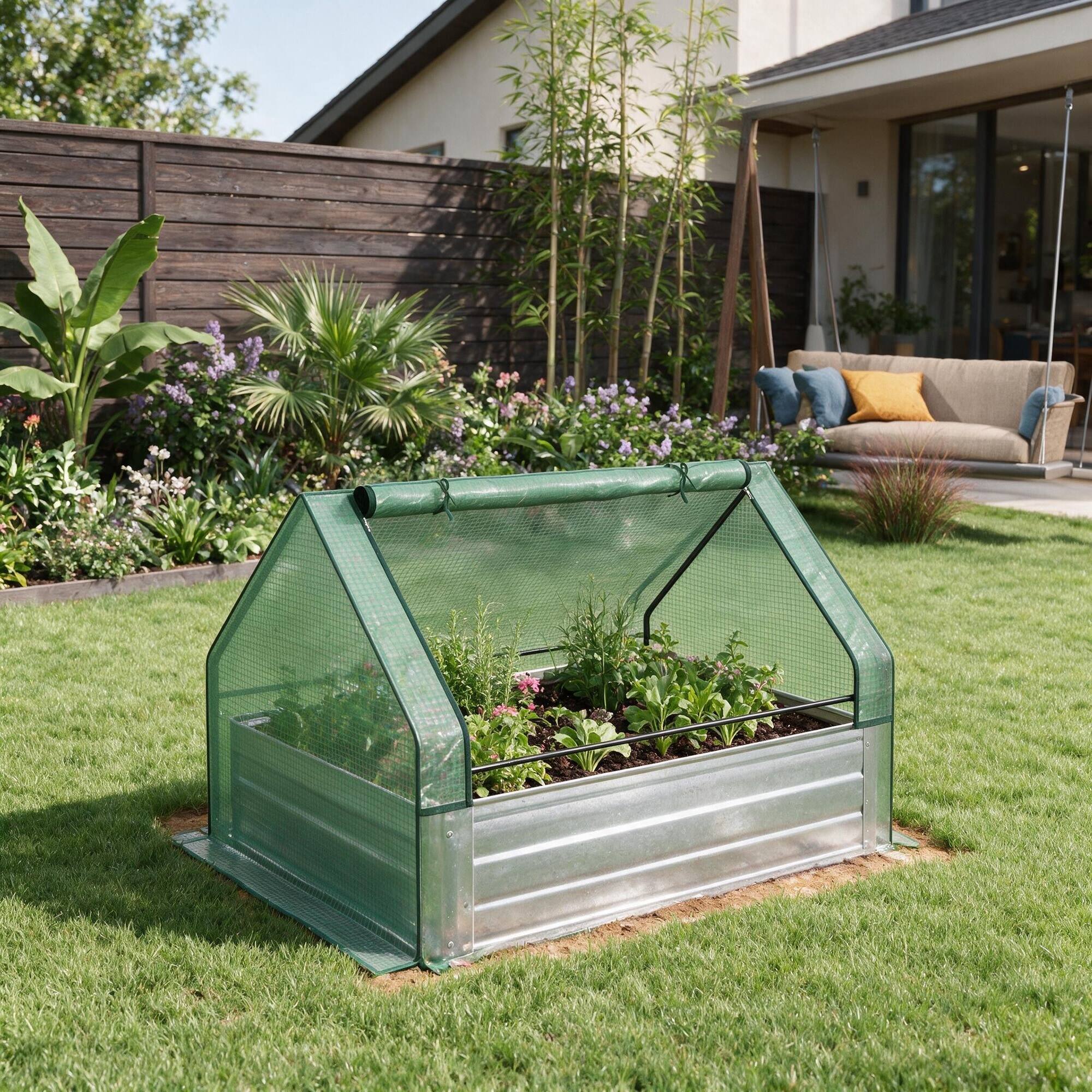 Angle. RYHNUYNE - Raised Garden Bed with Mini Greenhouse, Galvanized Steel Planter Box with Cover for Herbs and Vegetables, Outdoor - Green.