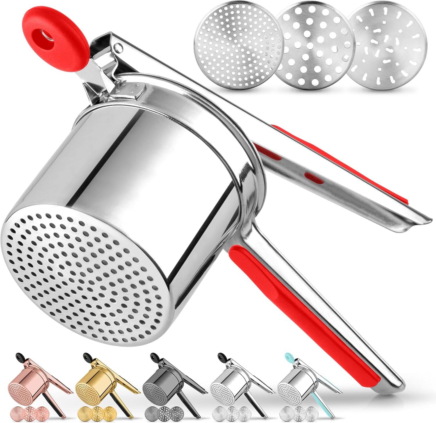Front. Zulay Kitchen - Zulay Kitchen Premium Large 15oz Potato Ricer, Heavy Duty Professional Stainless Steel Potato Masher and Ricer, 3 Disc - Red.
