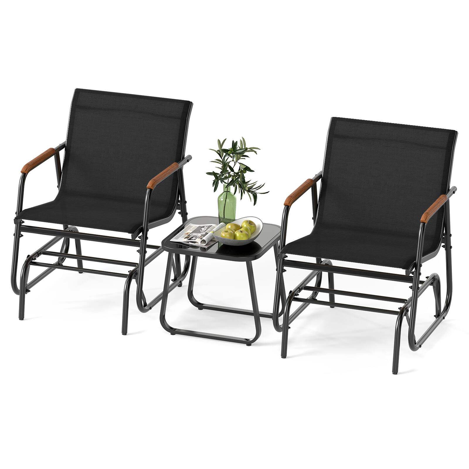Alt View 9. Gymax - Gymax 3 Piece Outdoor Gliding Set w/ Tempered Glass Coffee Table Teak Wood Armrests Black - Black.