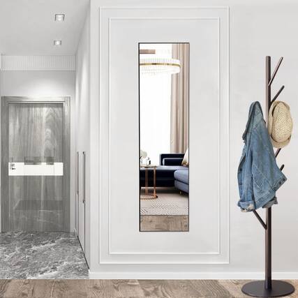 Front. PexFix - 59 in. Full Length Floor Mirror, Thin Aluminum Alloy Frame, Wall Mount or Stand for Bedroom, Living Room, Entryway - Black.