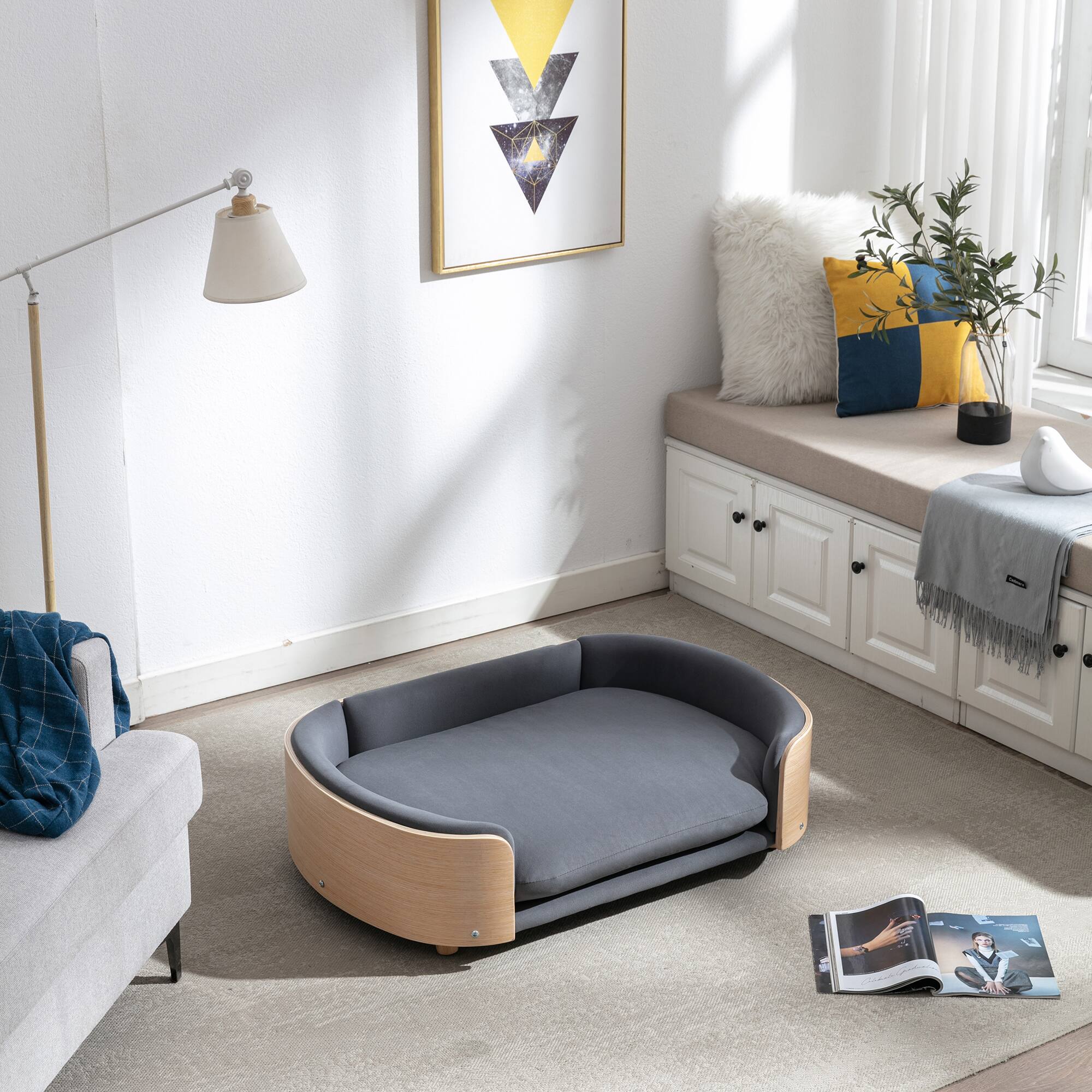 Angle. APRILSOUL - Scandinavian style Elevated Dog Bed Pet Sofa With Solid Wood legs and Bent Wood Back Velvet Cushion Large Size - DARK GREY.