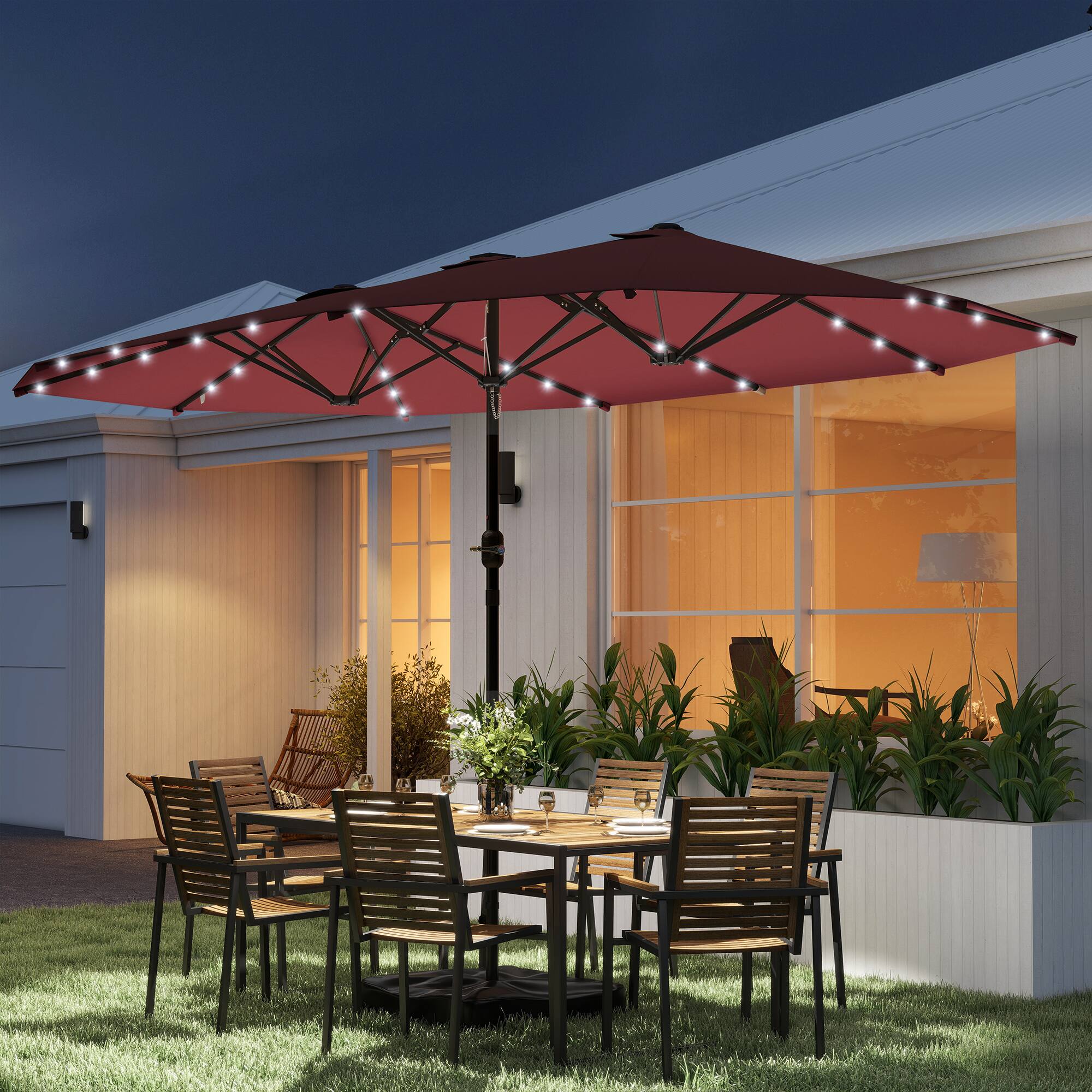 Alt View 1. Outsunny - Parasol 14.4ft Double-Sided Sun Umbrella with Base, Patio Parasol with LED Solar Lights - Wine Red.