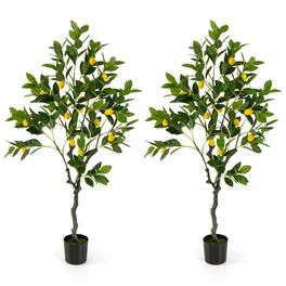 Costway - 2 PCS 4 FT Tall Artificial Lemon Tree with Lemon Fruits, Cement Pot for Porch, Office - Green,Yellow,Black
