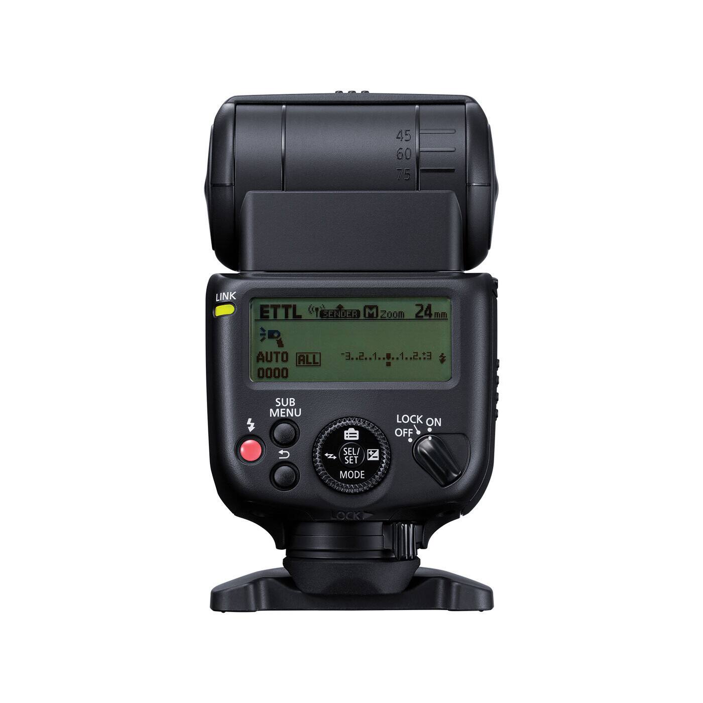 Sure, here is the corrected and grouped text from the image:

- **LINK**
- **ETTL** (with a symbol resembling a camera)
- **SENDER**
- **Zoom 24mm**
- **AUTO**
- **ALL**
- **0000**
- **SUB MENU**
- **LOCK ON / OFF**
- **SEL / SET MODE**
- **LOCK ON / OFF** (switch)
- **45 60 75** (on the top part of the device)