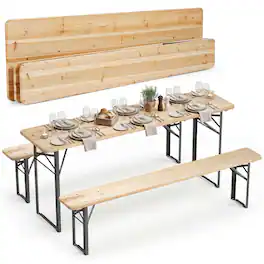 Costway - 70" 3-Piece Folding Picnic Table with Benches for 6,Fir Wood&Metal Frame for Patio - Natural,Black