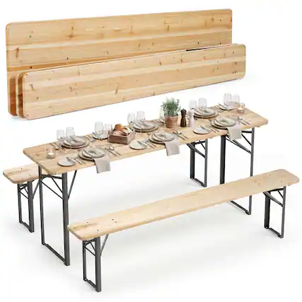 Front. Costway - Costway 70" 3-Piece Folding Picnic Table with Benches for 6,Fir Wood&Metal Frame for Patio - Natural,Black.