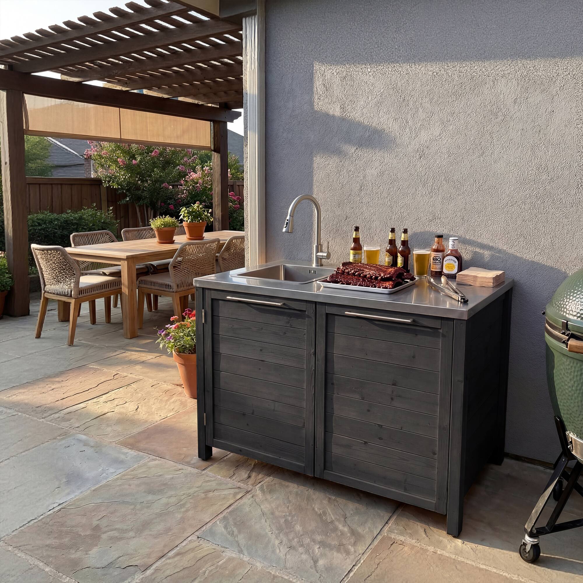 Angle. Famapy - Modular Solid Cedar Outdoor Kitchen Cabinets - All-Weather Storage with Stainless Steel Top for Patio, Grill Station - Carbon Black.