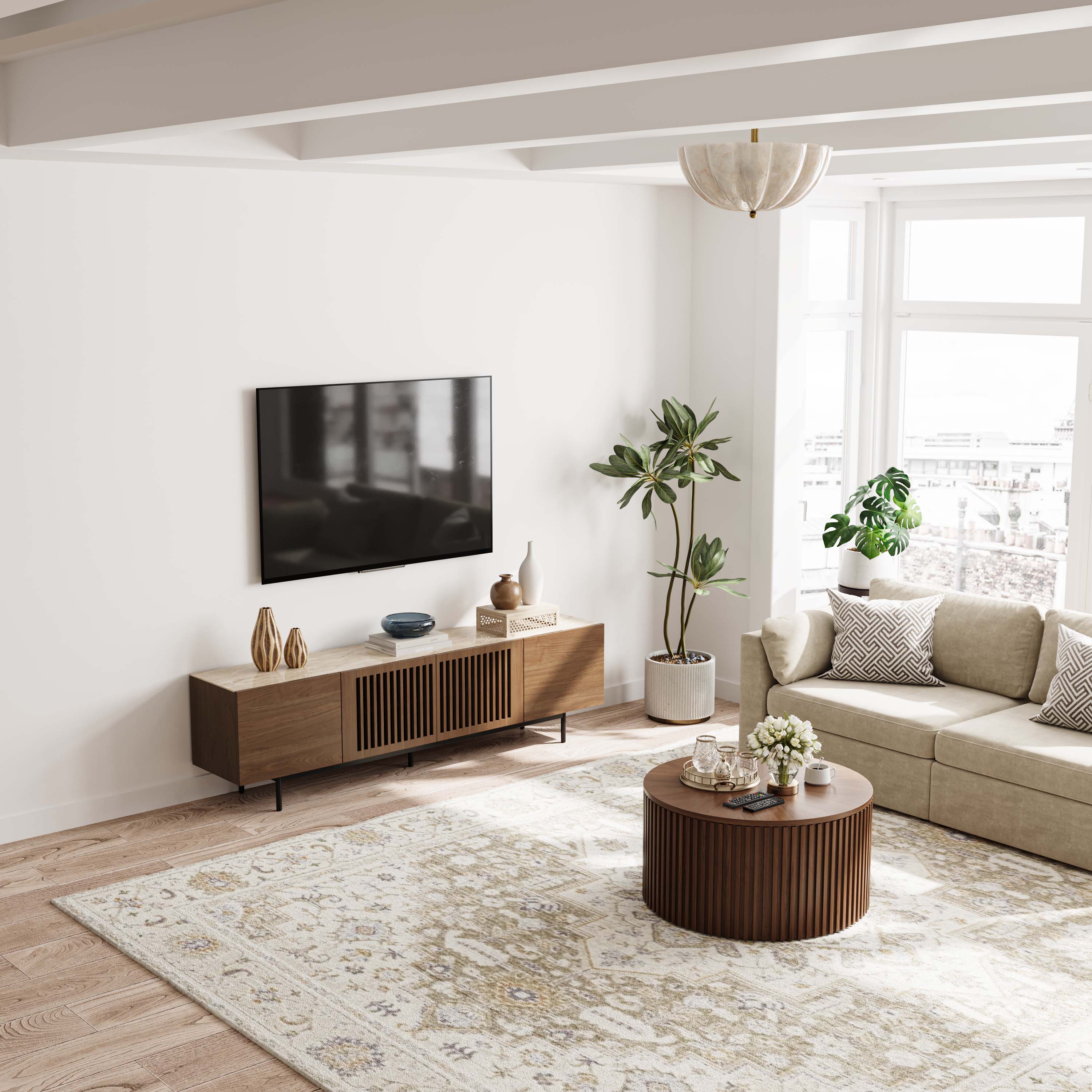 Left. POVISON - 79" Mid-Century TV Stand with Sintered Stone Wood Media Console with Walnut Veneer Slatted Cabinet, Tall-Cast Metal Legs - Walnut.