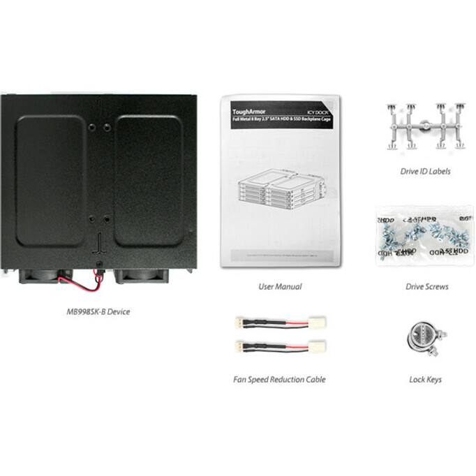 ToughArmor SATA MOO I SSO DOCK  
Drive ID Labels  
ZHDD CAUFMER  
100  
HDD With OOH3RADD  
User Manual  
Drive Screws  
MB998SK-B Device  
Fan Speed Reduction Cable  
Lock Keys