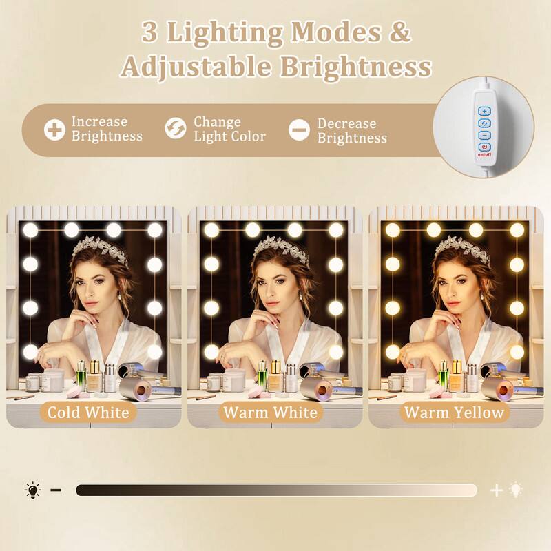 3 Lighting Modes & Adjustable Brightness

- Increase + Brightness
- Change Light Color
- Decrease - Brightness
- e on/off

Lighting Modes:
- Cold White
- Warm White
- Warm Yellow