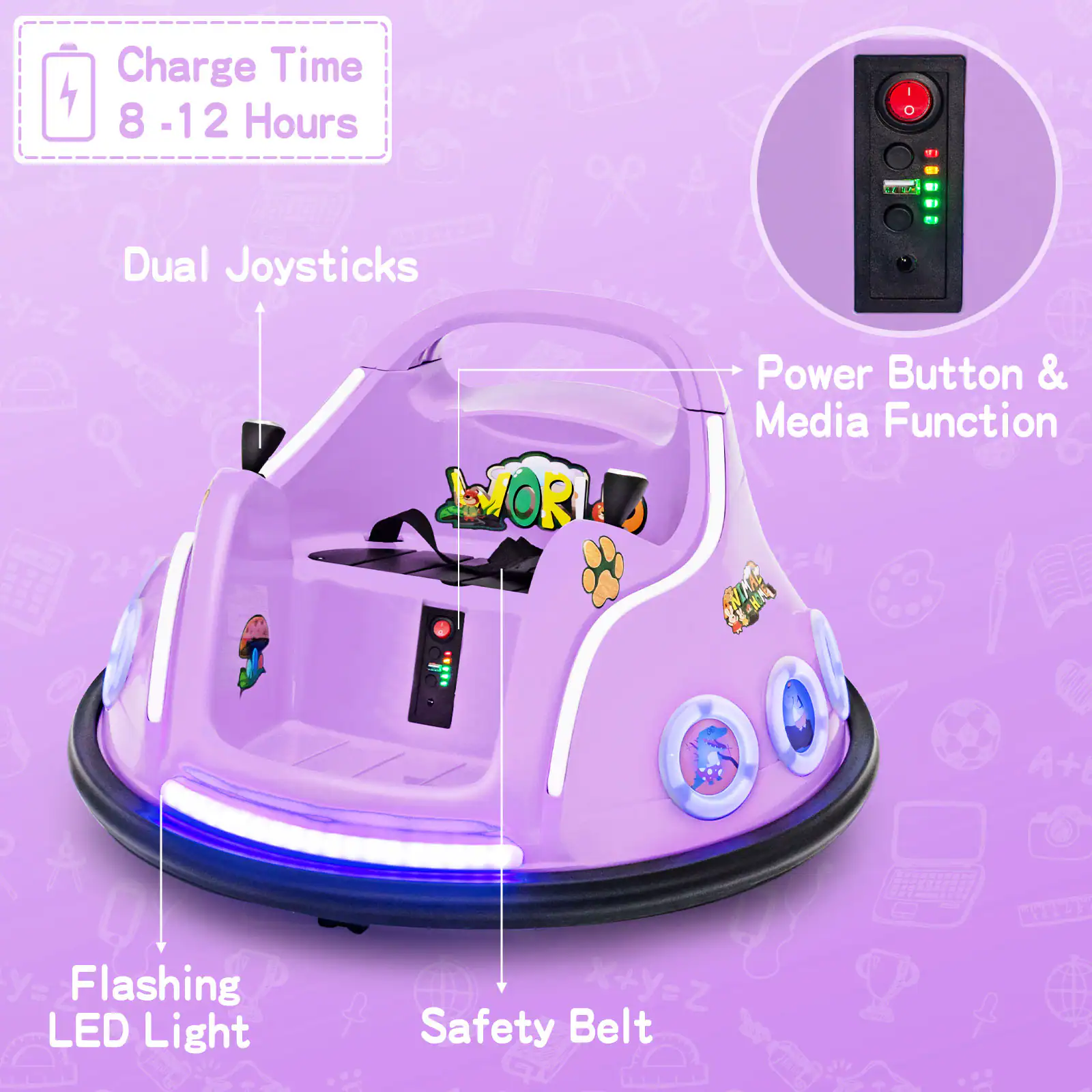 Charge Time  
8 - 12 Hours  

Dual Joysticks  

Power Button & Media Function  

Flashing LED Light  

Safety Belt