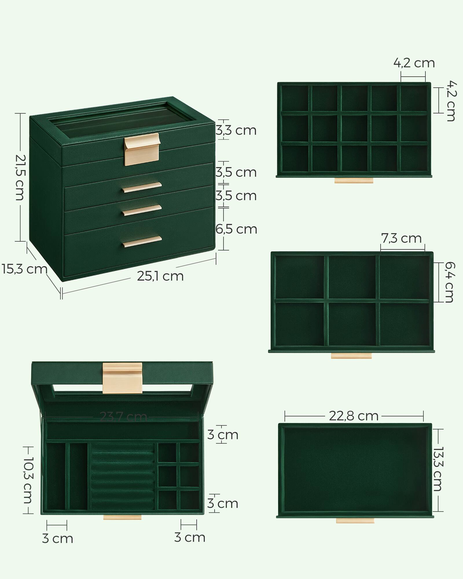 T 21,5 cm 15,3 cm  
25,1 cm  
3,3 cm 3,5 cm + 3,5 cm 6,5 cm  
4,2 cm 7,3 cm  
4,2 cm 6,4 cm  
T T10,3 cm T  
3 cm  
23,7 cm  
3 cm 3 cm H 3 cm  
22,8 cm  
13,3 cm