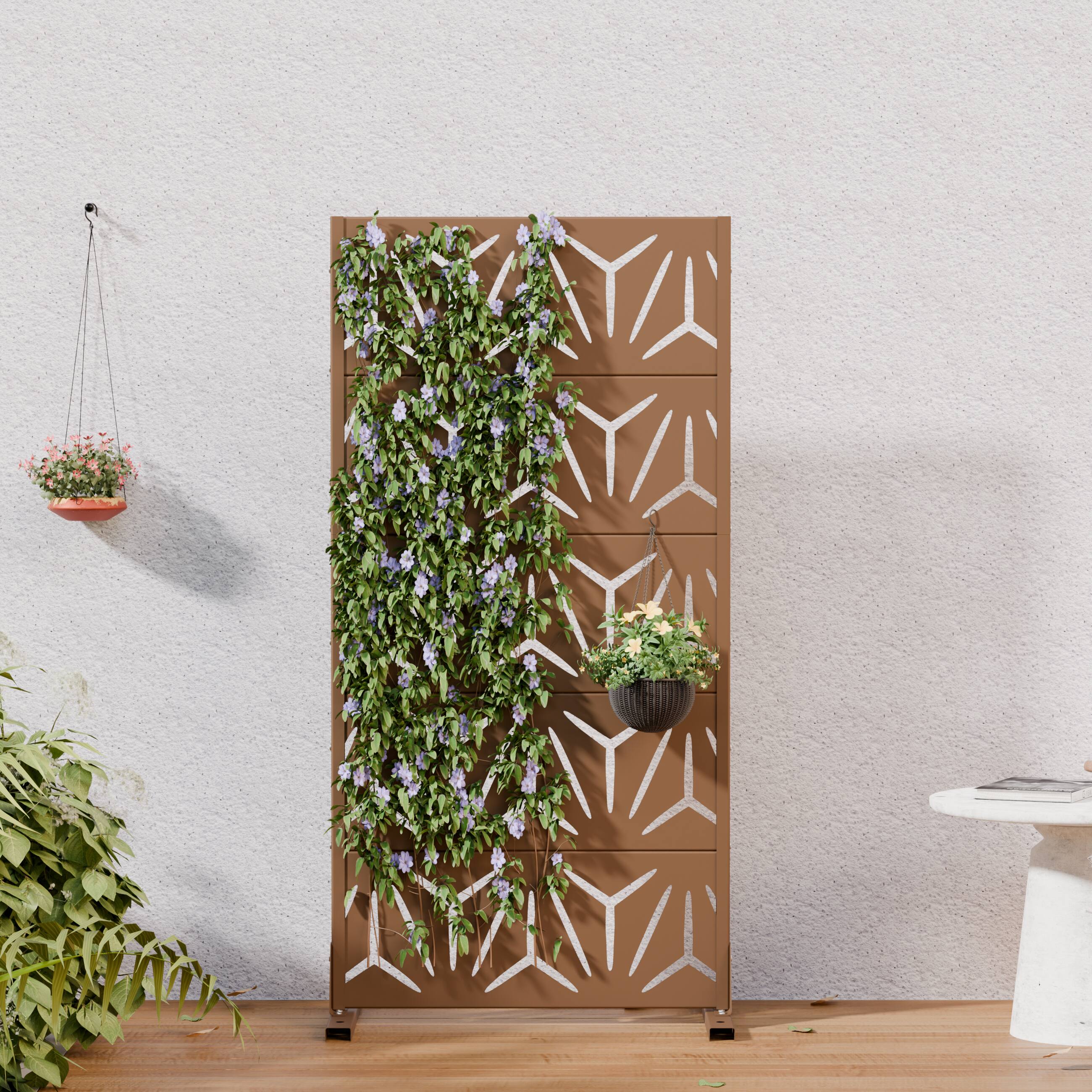 PexFix - Outdoor Privacy Screen Freestanding Metal Privacy Divider with Geometric Cutouts All-Weather Decorative Screen - Brown