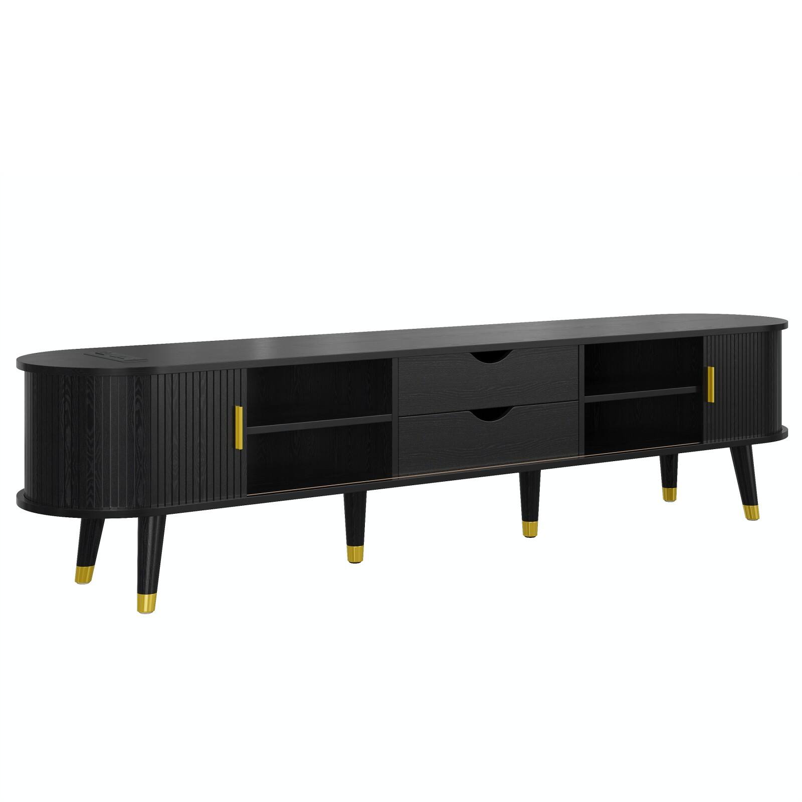 Front. Ecooso - Wooden Oval Fluted TV Stand with Charging Station for TV up to 80", Sliding Tambour Door, Golden Handle for Living Room - Black.