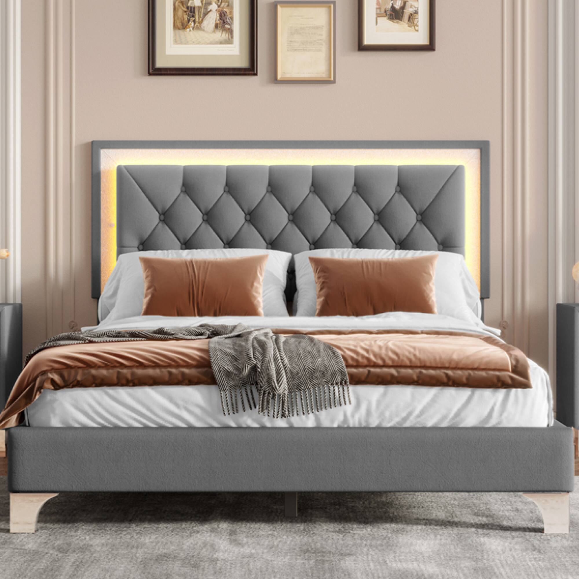 Alt View 8. GOODSILO - Elegant Velvet Upholstered Queen Bed Frame with LED Lights and Tufted Headboard - Gray.