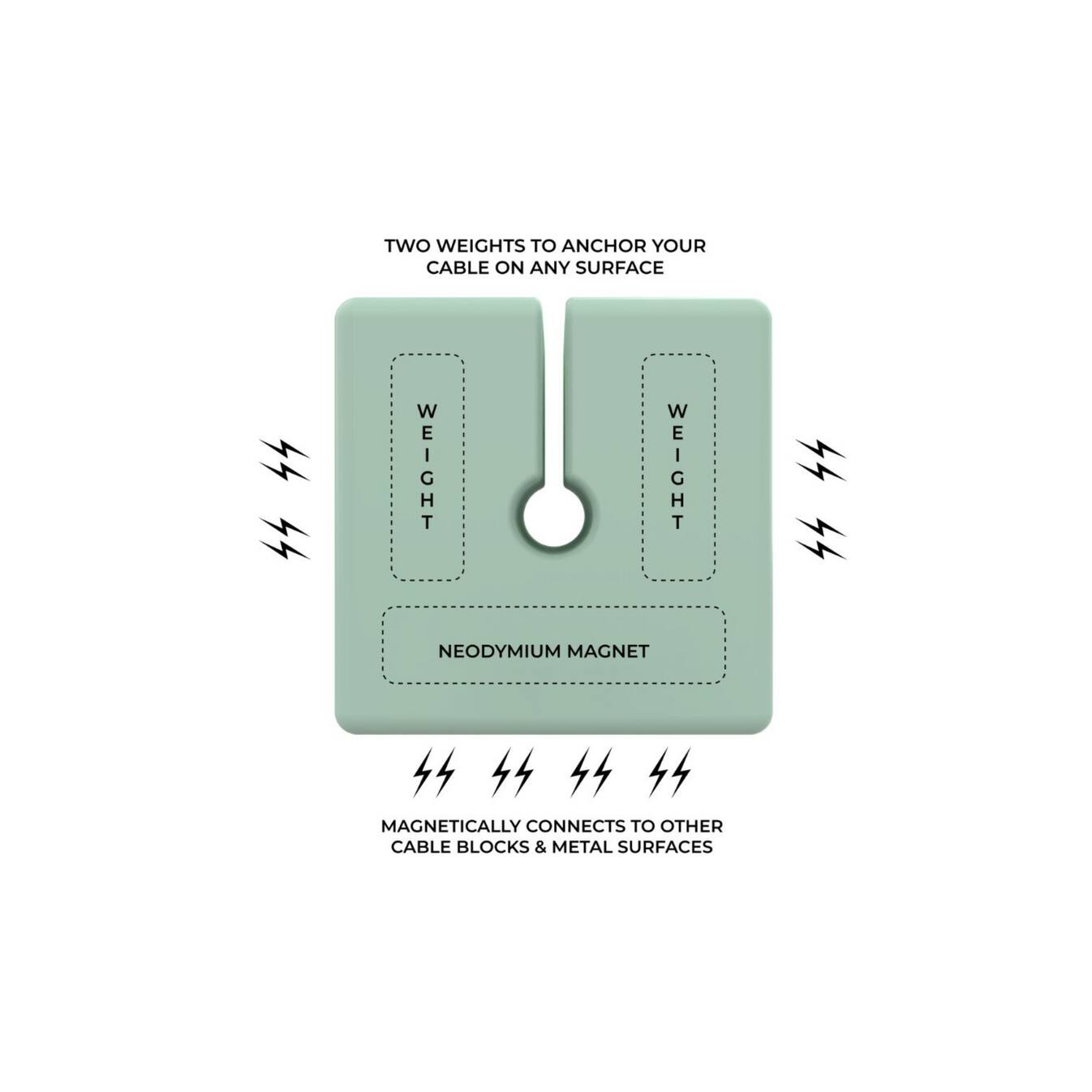 TWO WEIGHTS TO ANCHOR YOUR CABLE ON ANY SURFACE

WEIGHT H T
WEIGHT H T

NEODYMIUM MAGNET

MAGNETICALLY CONNECTS TO OTHER CABLE BLOCKS & METAL SURFACES
