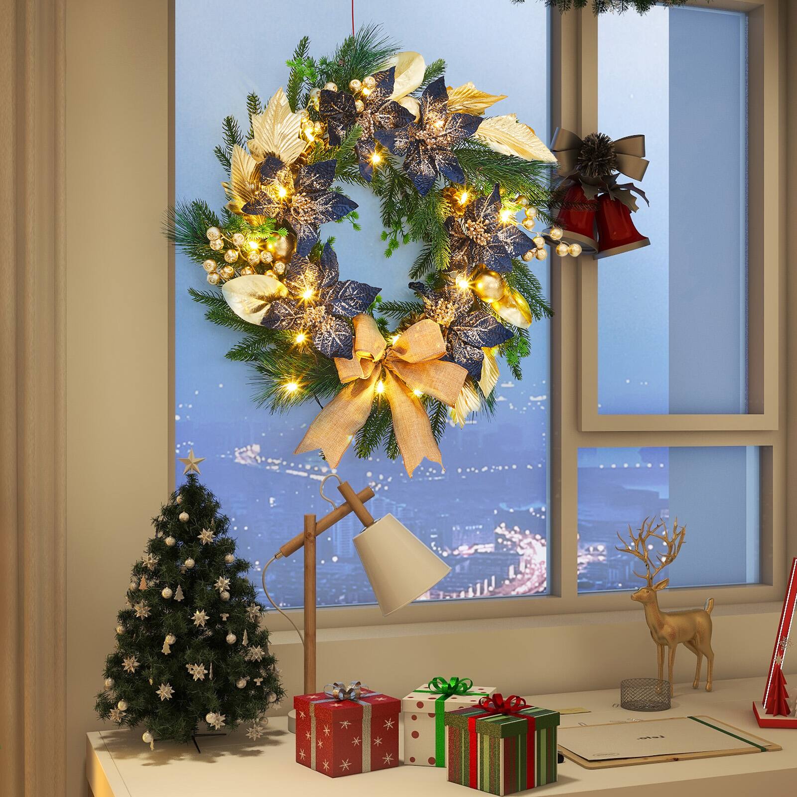 Alt View 2. Acekool - 24 Inch Christmas Wreath Pre-Lit Xmas Wreath with Bows, Gold Leaves Ball Ornaments for Front Door Windows Wall Blue - Blue.