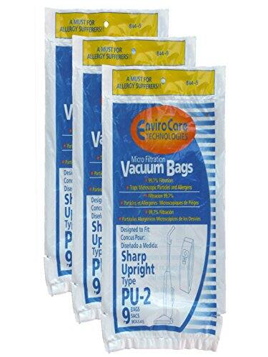 A MUST FOR ALLERGY SUFFERERS!  
844-9  
EnviroCare TECHNOLOGIES Micro Filtration Vacuum Bags  
97.7% Filtration Traps Microscopic Particles and Allergens  
Particules et Allergenes Microscopiques de Pages  
Designed to Fit  
Concise Pour  
Sharp Upright Type PU-2  
9 BAGS  
SACS  
BOLSAS
