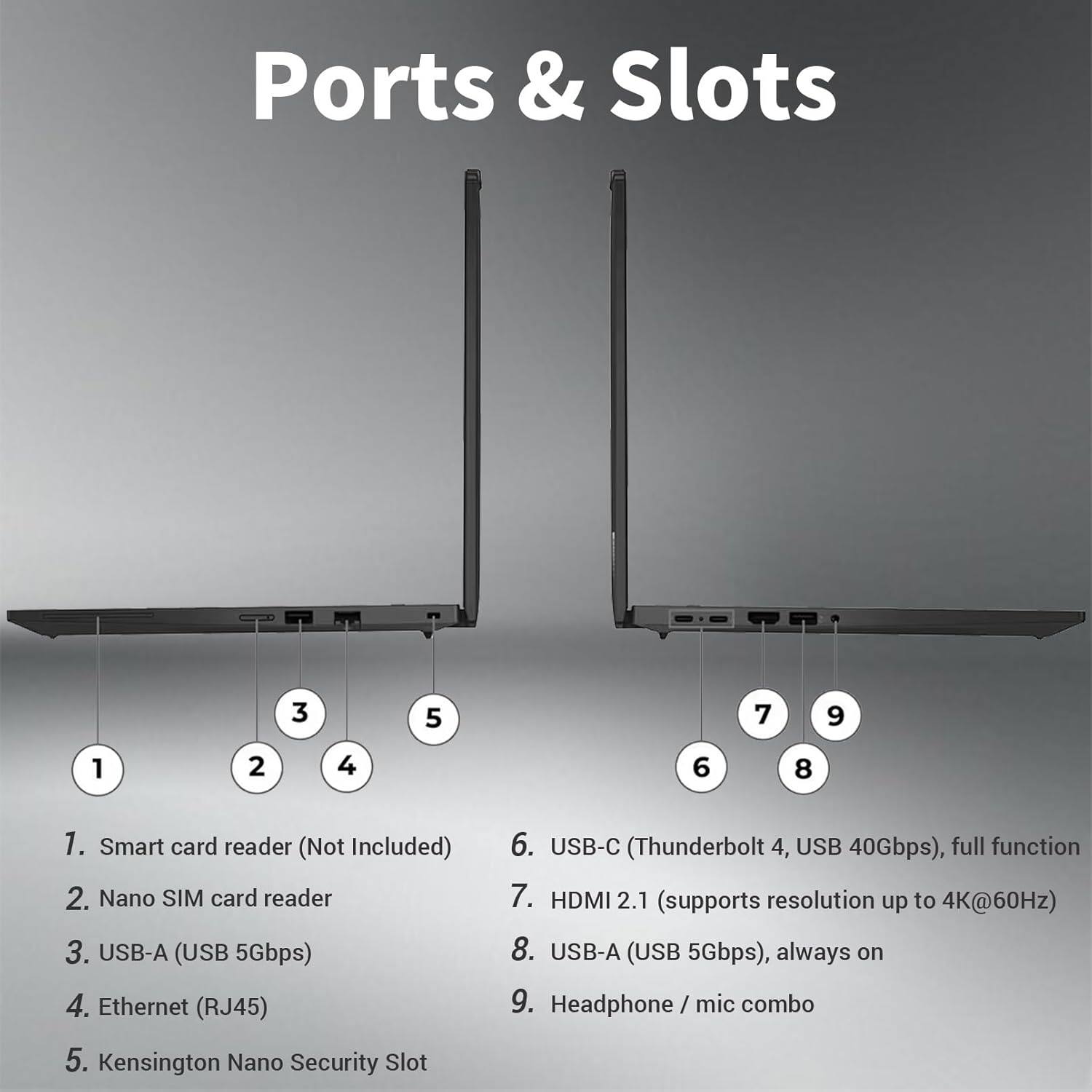 Ports & Slots

1. Smart card reader (Not Included)
2. Nano SIM card reader
3. USB-A (USB 5Gbps)
4. Ethernet (RJ45)
5. Kensington Nano Security Slot
6. USB-C (Thunderbolt 4, USB 40Gbps), full function
7. HDMI 2.1 (supports resolution up to 4K@60Hz)
8. USB-A (USB 5Gbps), always on
9. Headphone/ mic combo