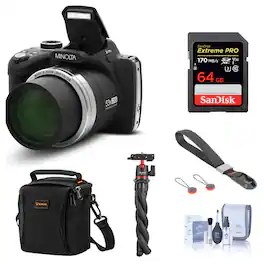 Bundle - Minolta - MN53Z 16MP FHD Digital Camera with 53x Optical Zoom, Wi-Fi, Black with Shoulder Bag, 64GB SD Card, Wrist