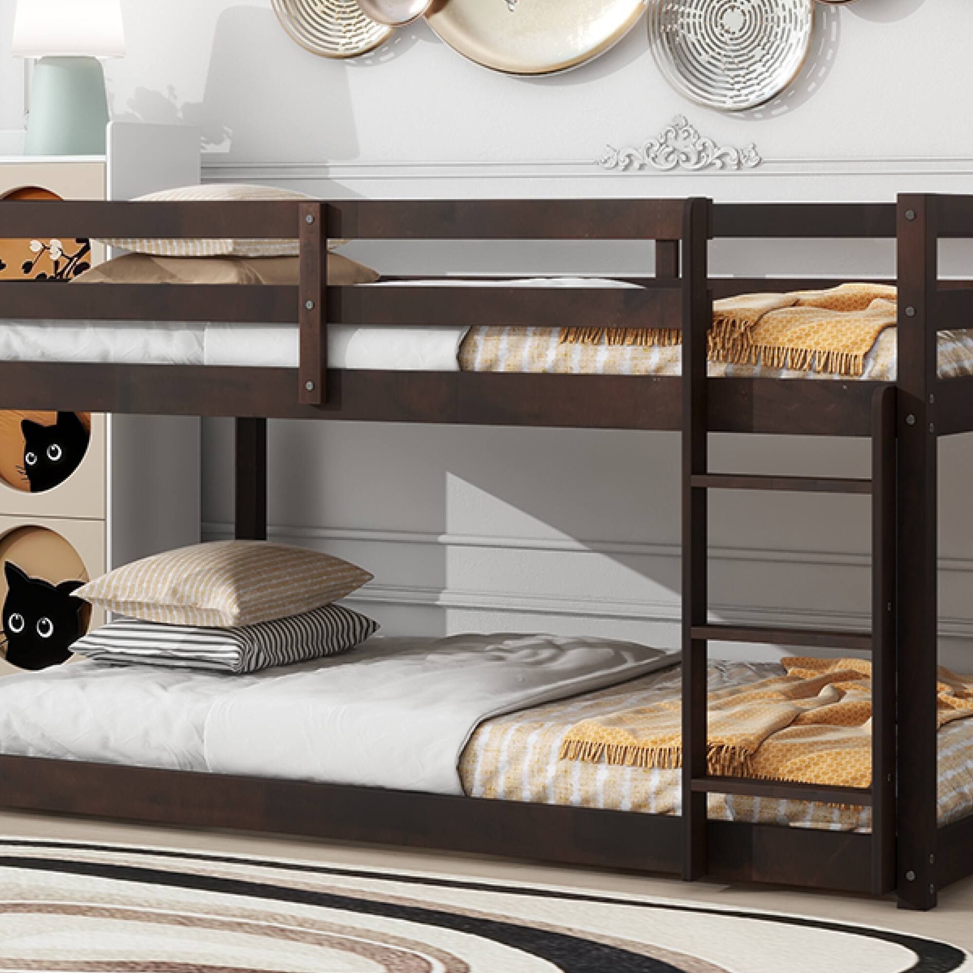 Alt View 10. GOODSILO - Solid Wood Twin Over Twin Floor Bunk Bed with Ladder and Strengthened Slats for Enhanced Stability - Espresso.