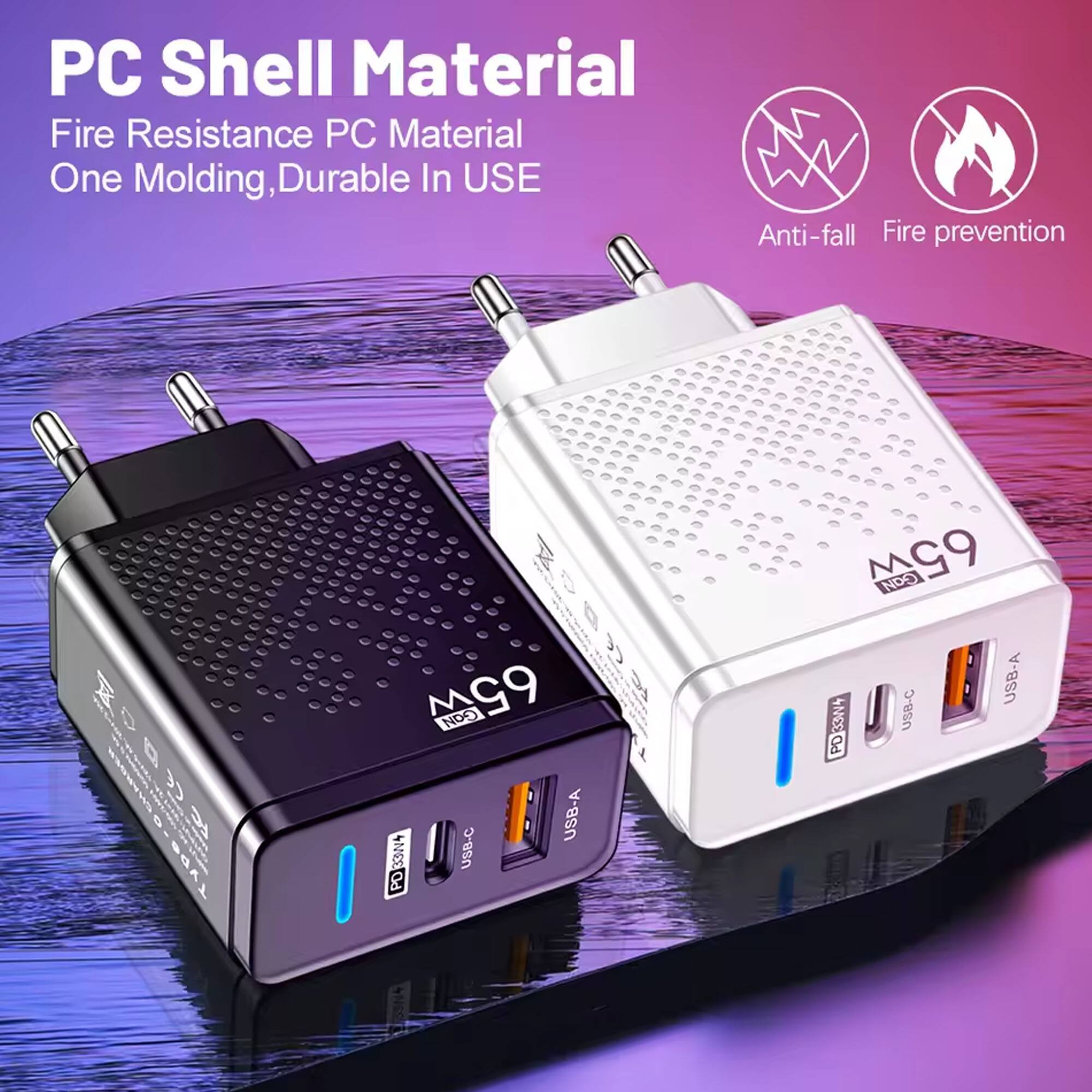PC Shell Material  
Fire Resistance PC Material  
One Molding, Durable In USE  

Anti-fall  
Fire prevention  

USB-A  
USB-C  
PD 65W  
USB-A  
USB-C  
PD 65W
