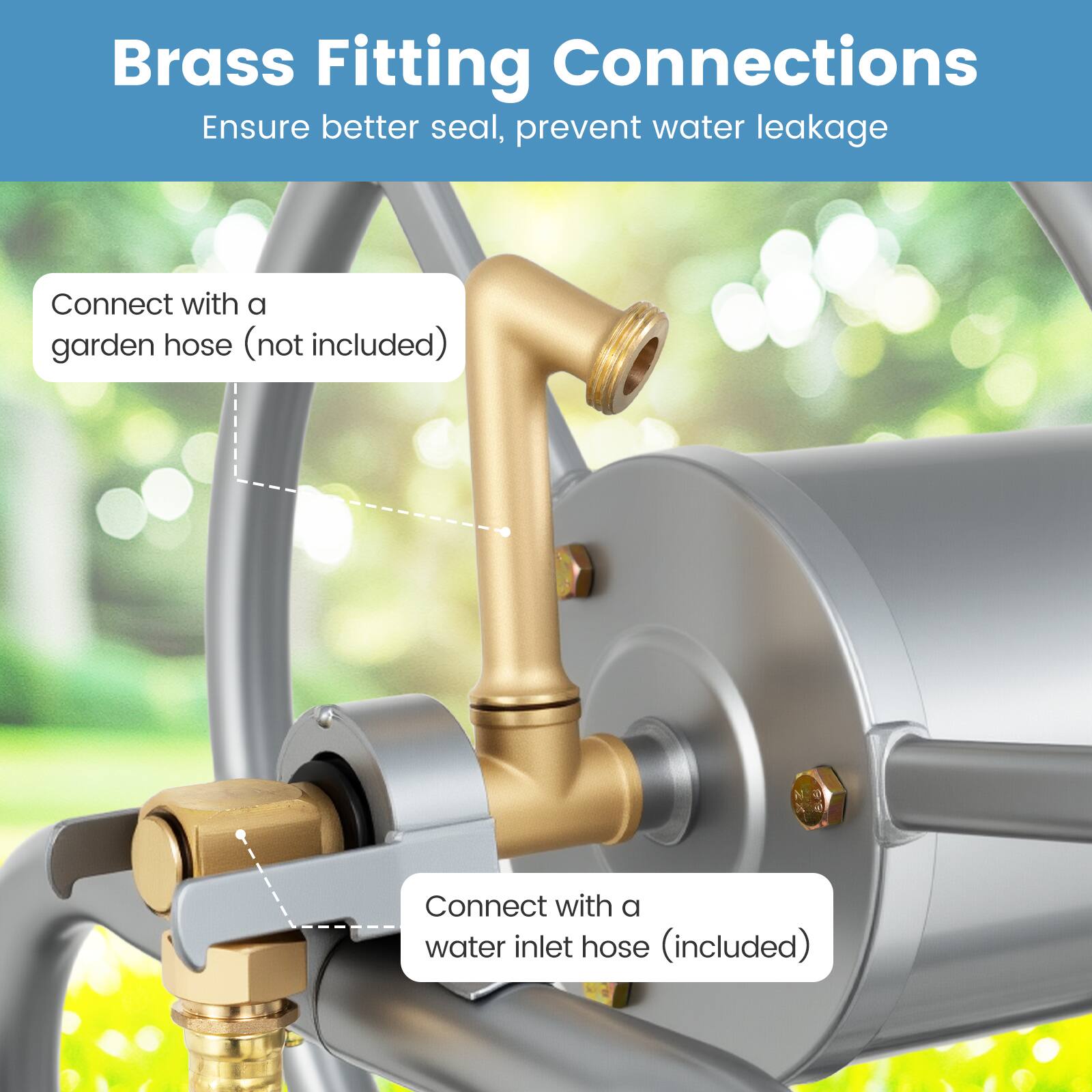 Brass Fitting Connections  
Ensure better seal, prevent water leakage  

Connect with a garden hose (not included)  
Connect with a water inlet hose (included)